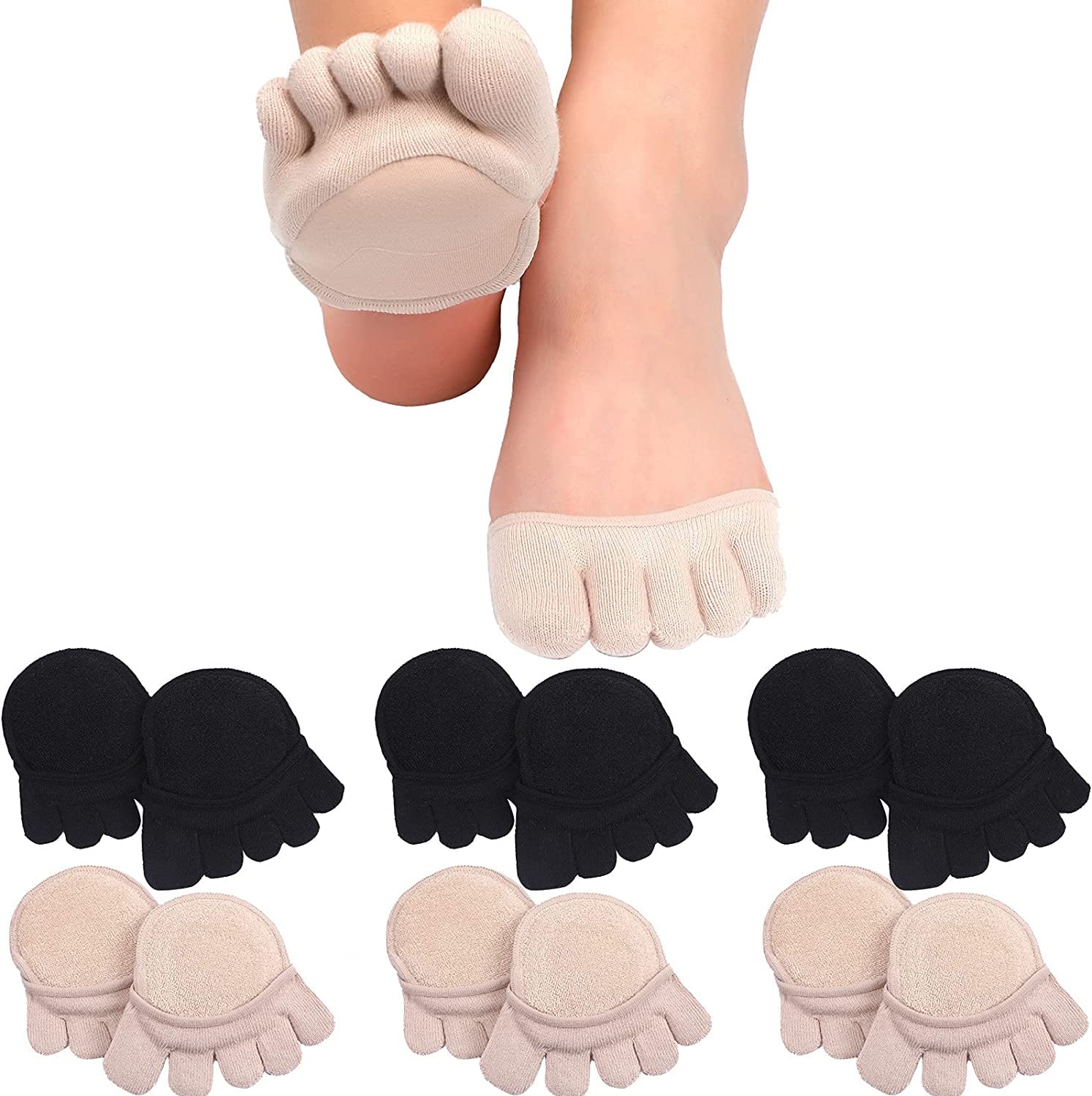 MEENIRA Women's Cotton Anti-Slip Pain Relief Half Insoles - 5-Toe Invisible Socks for Yoga, Running & Daily Comfort (1 Pair)