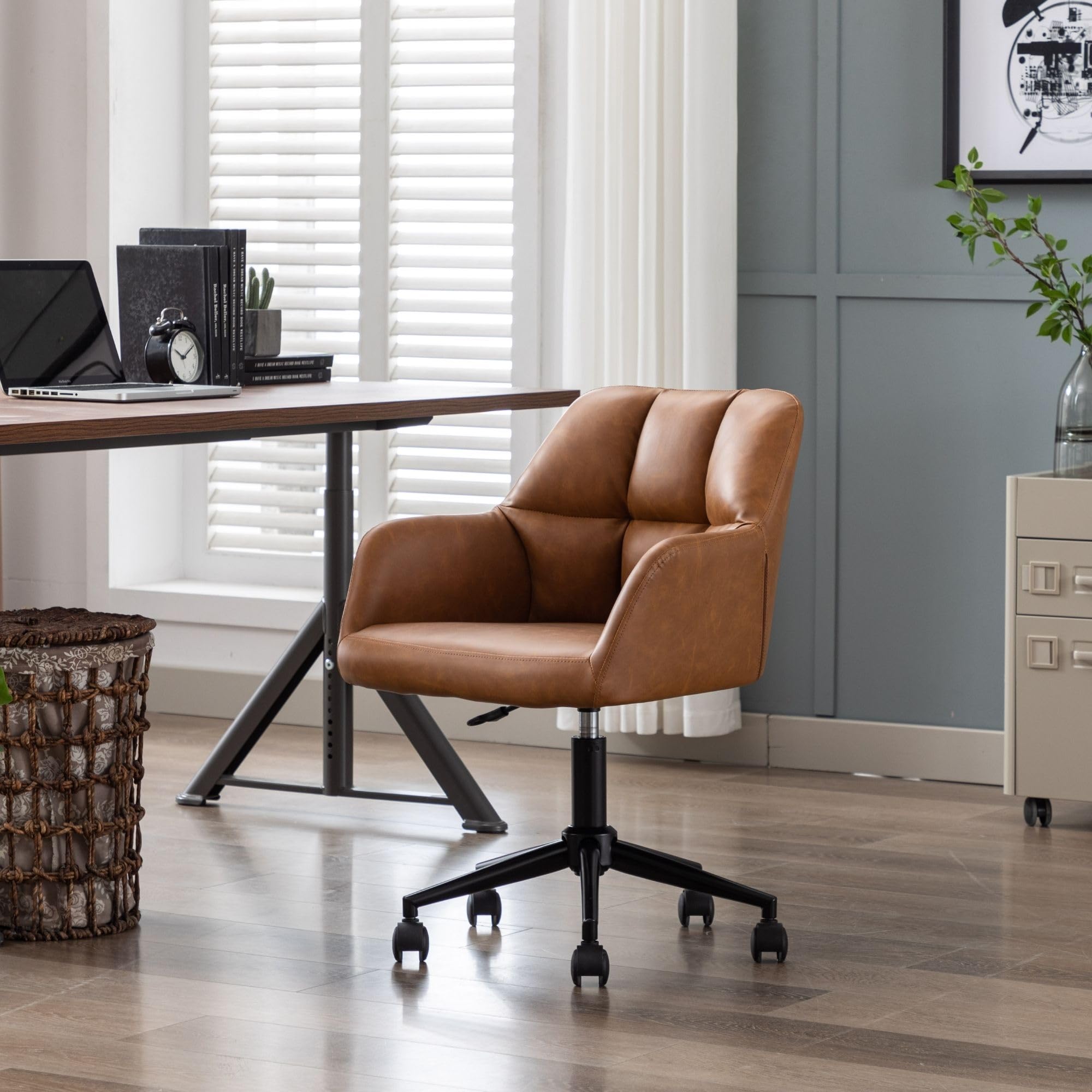 Premium Brown Leather Office Desk Chair with Mid Back Support - Adjustable Height, 360° Swivel & Rolling Wheels - Ergonomic Computer Task Chair for Home Office, Gaming & Workspace Comfort