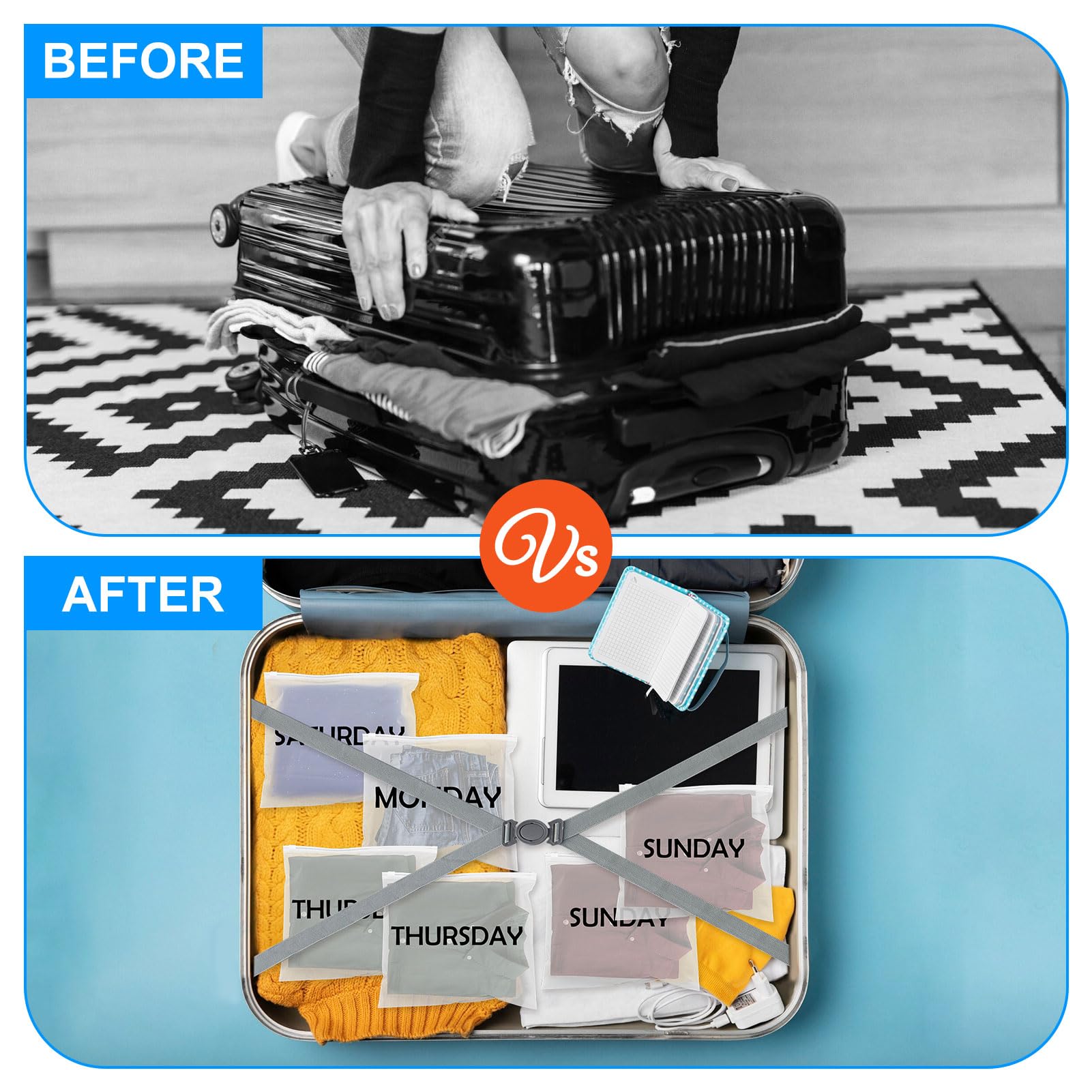 14-Piece Days of the Week Packing Cubes Set - Lightweight Travel Organizer Pouches for Suitcases, Luggage & Home Storage | Perfect for Vacations, Business Trips & Closet Organization (Black)