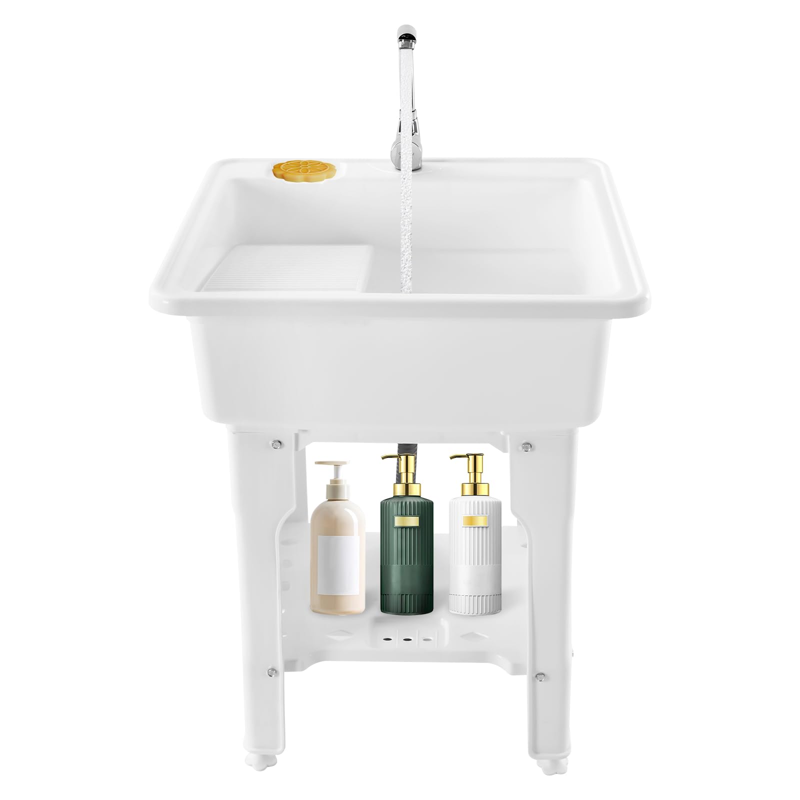 Large White Freestanding Utility Sink with Faucet & Removable Washboard - Spacious Laundry Tub for Laundry Room, Garage, Basement & Garden - Perfect for Washing Clothes, Cleaning Tools & Outdoor Use