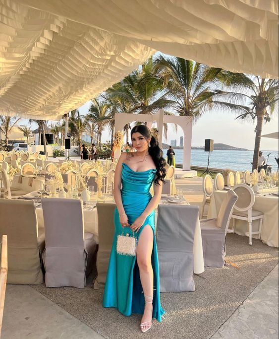 Mermaid Strapless Blue Slit Prom Dresses for Women - Elegant Formal Gown with High Slit for Birthday Party, Homecoming, Evening Gala & Special Occasions | Style J3784