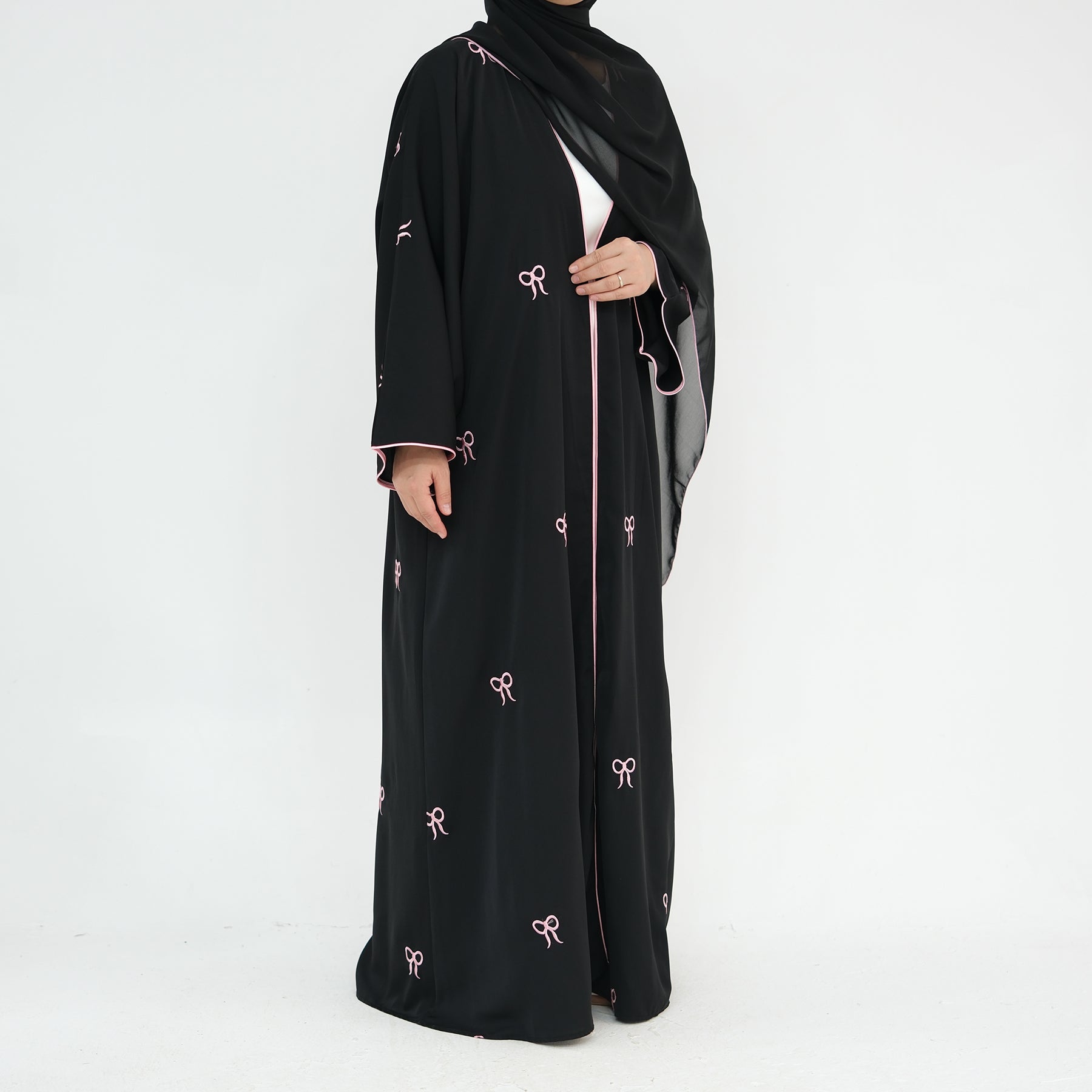 Elegant Iona Bowtie Open Abaya Kimono Set - Black | Modest Muslim Fashion for Women | Perfect for Prayer, Eid, and Special Occasions