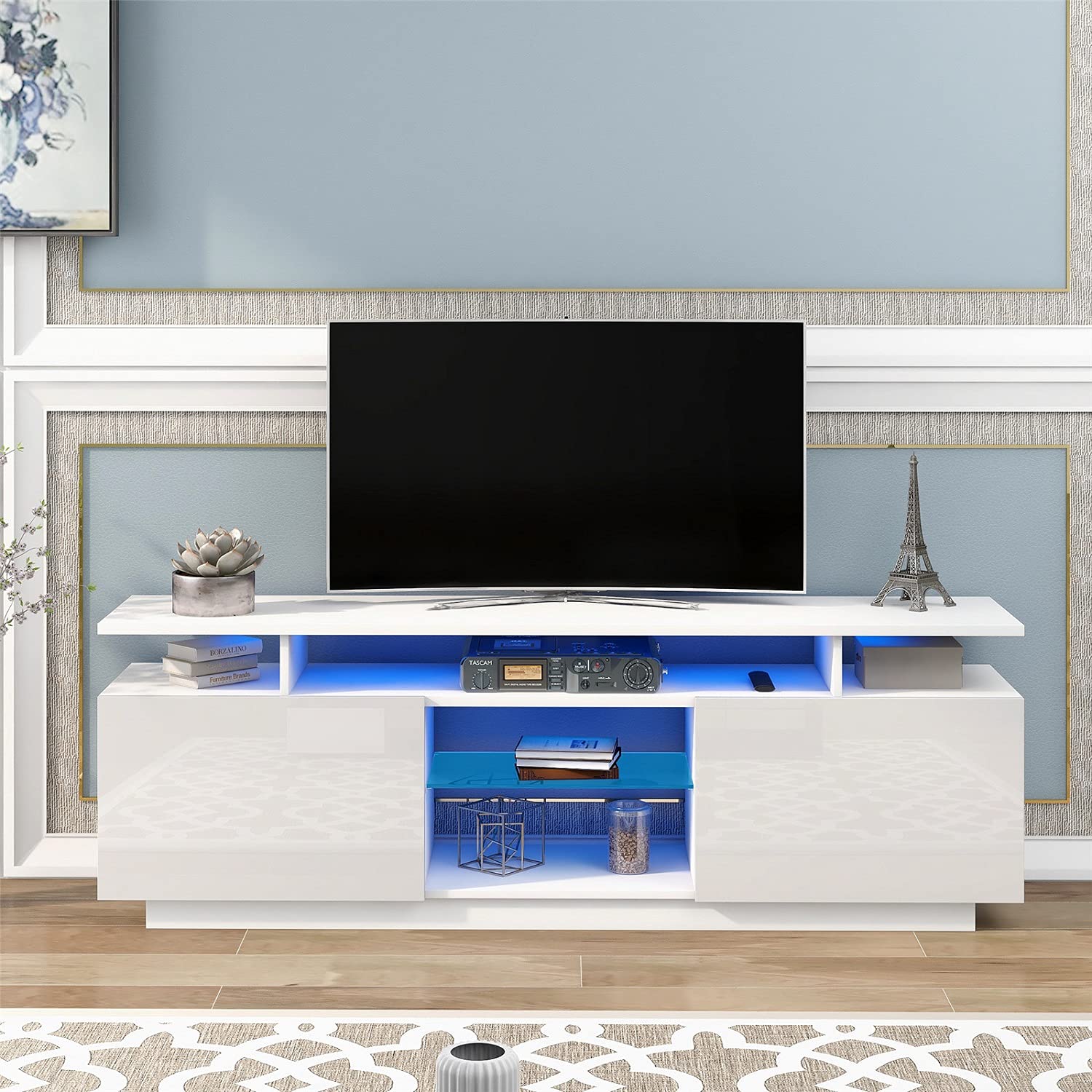 Modern TV Stand with 16-Color LED Lights & 2 Storage Drawers - Entertainment Center Cabinet for Living Room & Bedroom - Holds TVs up to 75 Inches (White, 63
