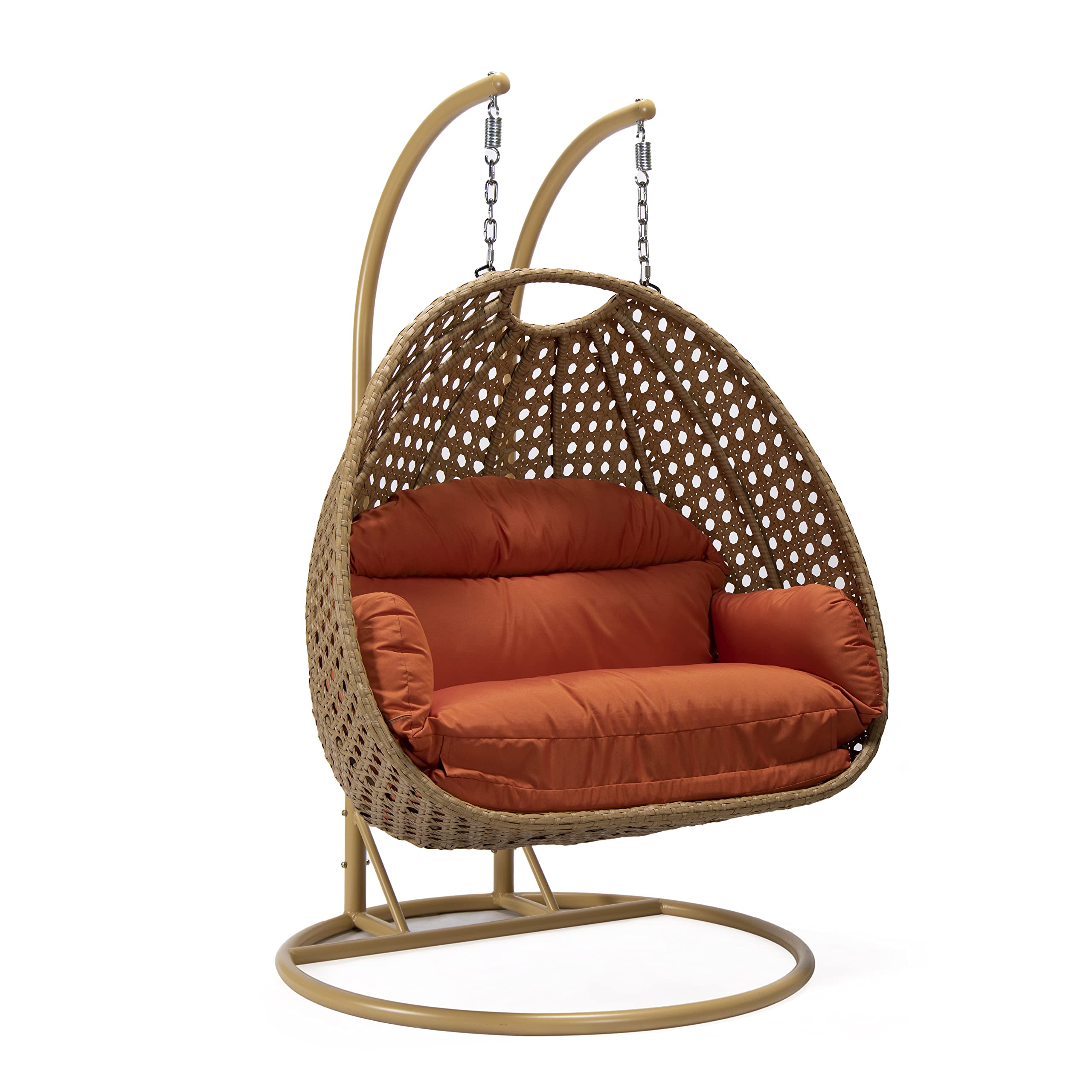 LeisureMod Mendoza Light Brown Wicker 2-Person Patio Hanging Egg Chair with Stand & Cushions - Indoor/Outdoor Swing for Garden, Porch, Backyard (Orange) | Perfect for Relaxing, Reading & Lounging