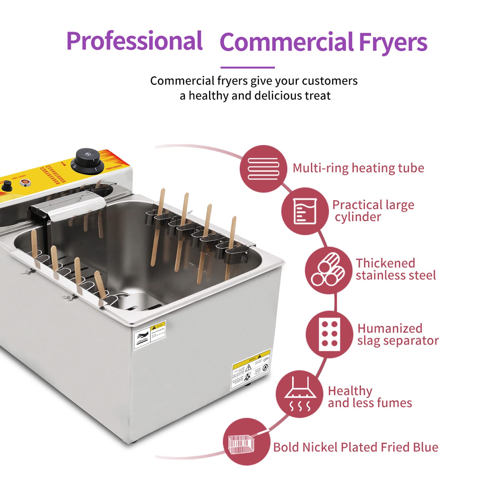 12L Commercial Electric Deep Fryer - Stainless Steel Korean Cheese Hot Dog & Corn Dog Maker with 8 Hooks - Perfect for Snacks, Street Food, and Restaurant Use