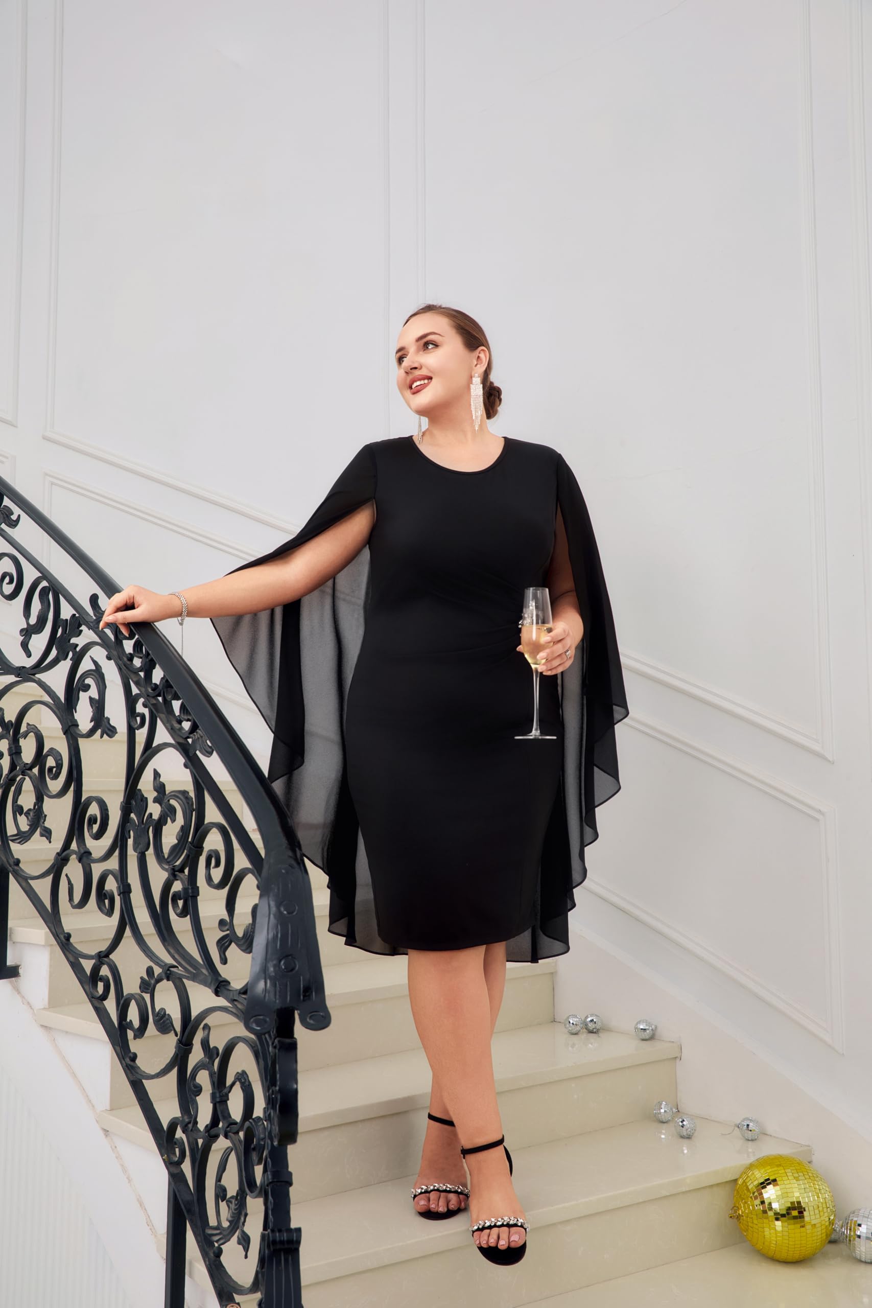 Hanna Nikole Women's Plus Size Chiffon Cape Dress - Crew Neck Ruched Bodycon Cocktail Pencil Dress for Wedding Guest, Party & Special Occasions