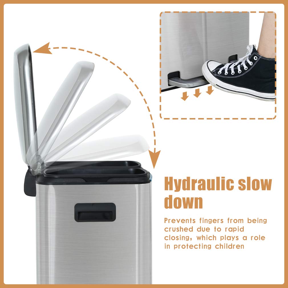 10 Gallon (40L) Stainless Steel Step Trash Can with Lid - Large Metal Waste Bin for Office, Kitchen, Bathroom - Includes 2 Removable Liner Buckets - Perfect for Recycling, Garbage Disposal & Home Organization