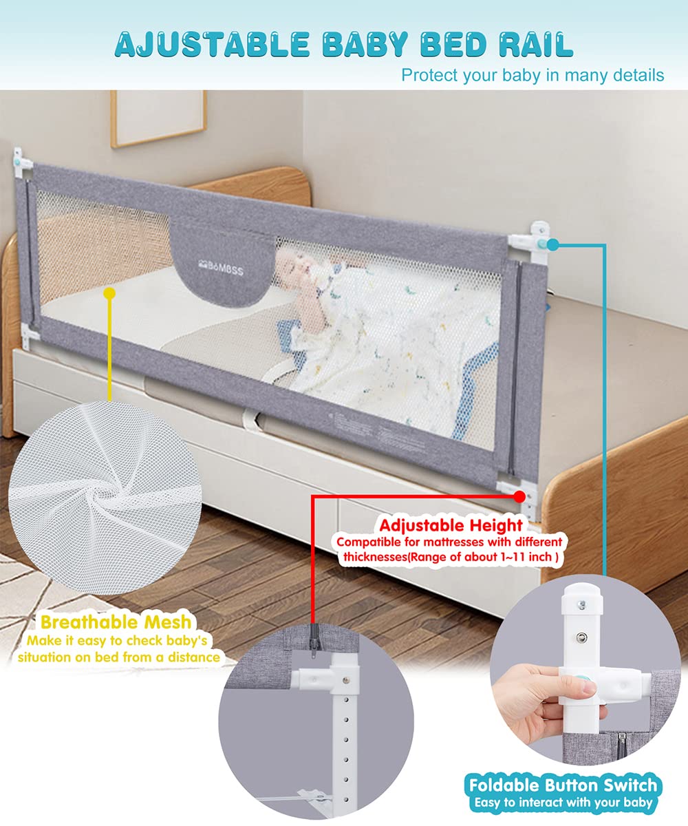 MBQMBSS 58-Inch Toddler Bed Rail Guard - Safety Bed Rails for Kids with Double Lock & Y-Strap Reinforcement, Fits Queen Bed Wide Side | Baby Proofing, Child Safety, Nursery & Co-Sleeping Protection