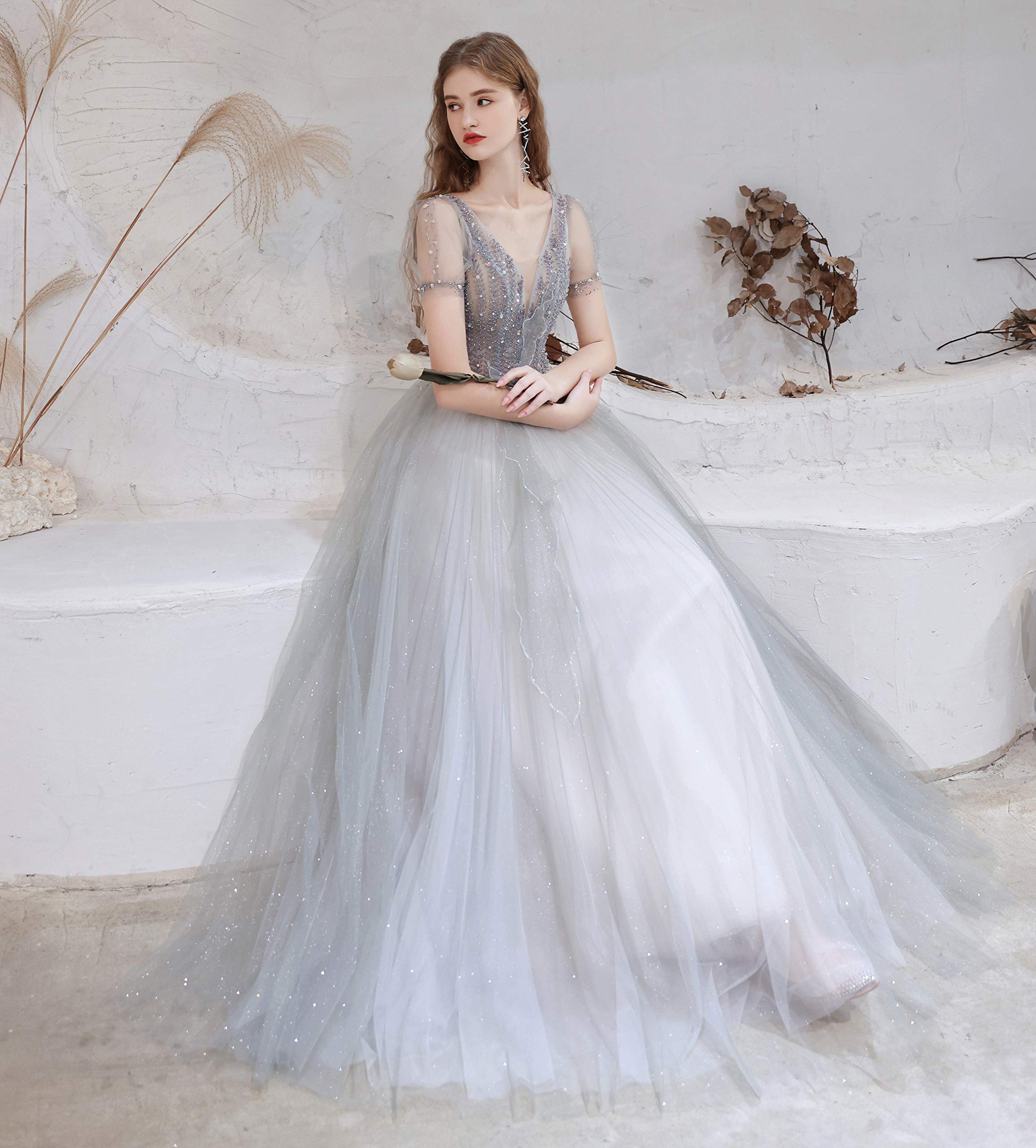 Elegant V-Neck Beaded Sequins Quinceanera Ball Gown for Women - Perfect for Sweet 16, Prom, and Formal Evening Events
