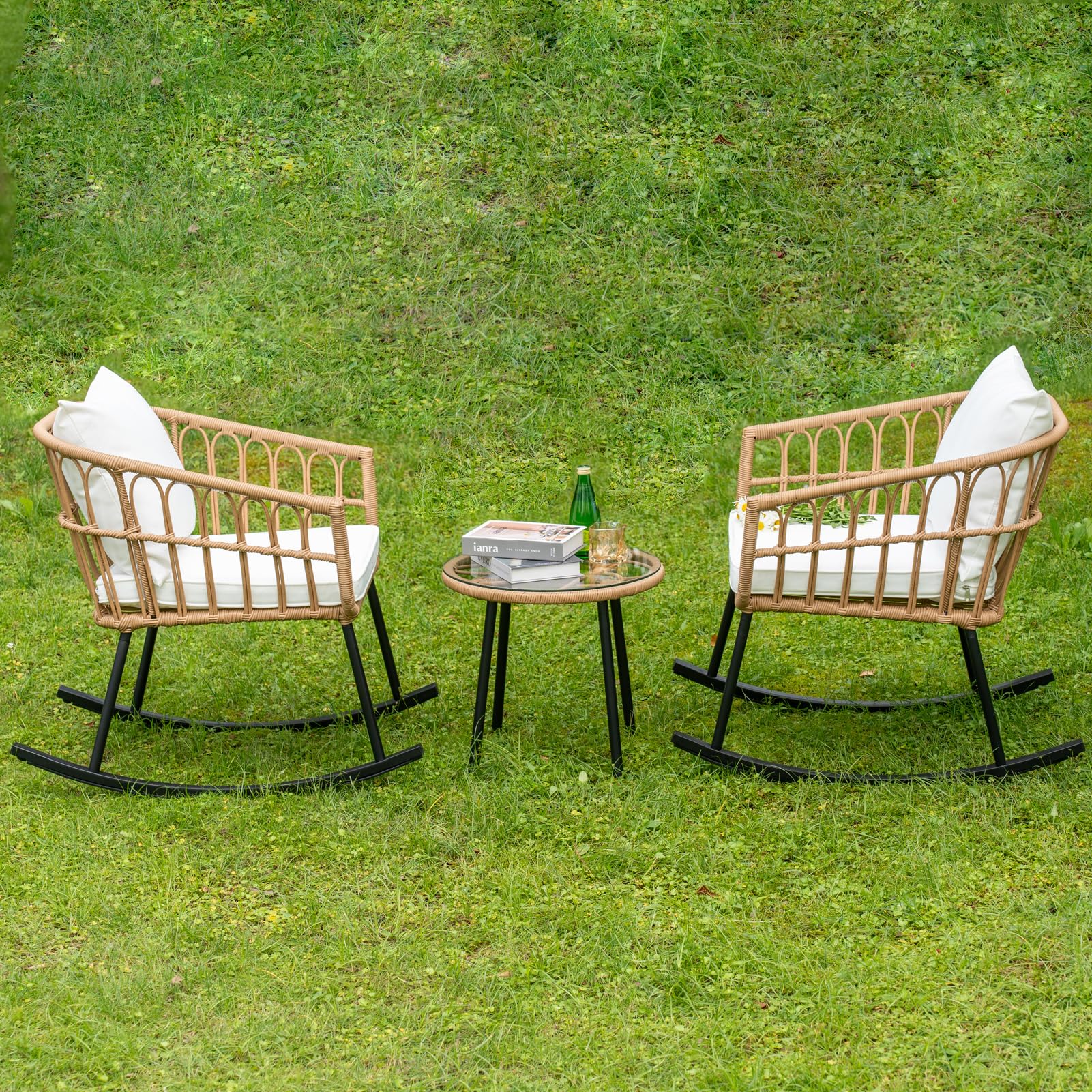 Boho Outdoor Rocking Chair Set - 3-Piece Wicker Rattan Patio Furniture with Glass Table & Waterproof Cushions for Balcony, Garden, or Backyard Relaxation
