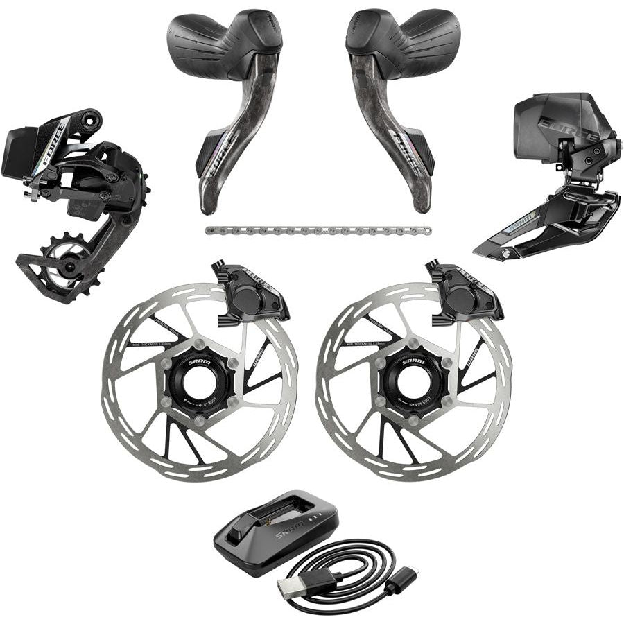 SRAM Force eTap AXS Road Bike Groupset - 2x12 Speed, HRD Shift/Brake Levers, Flat Mount Calipers, CenterLock Rotors, Chain, Front/Rear Derailleurs, E1 Battery - Perfect for Road Cycling & Performance Racing