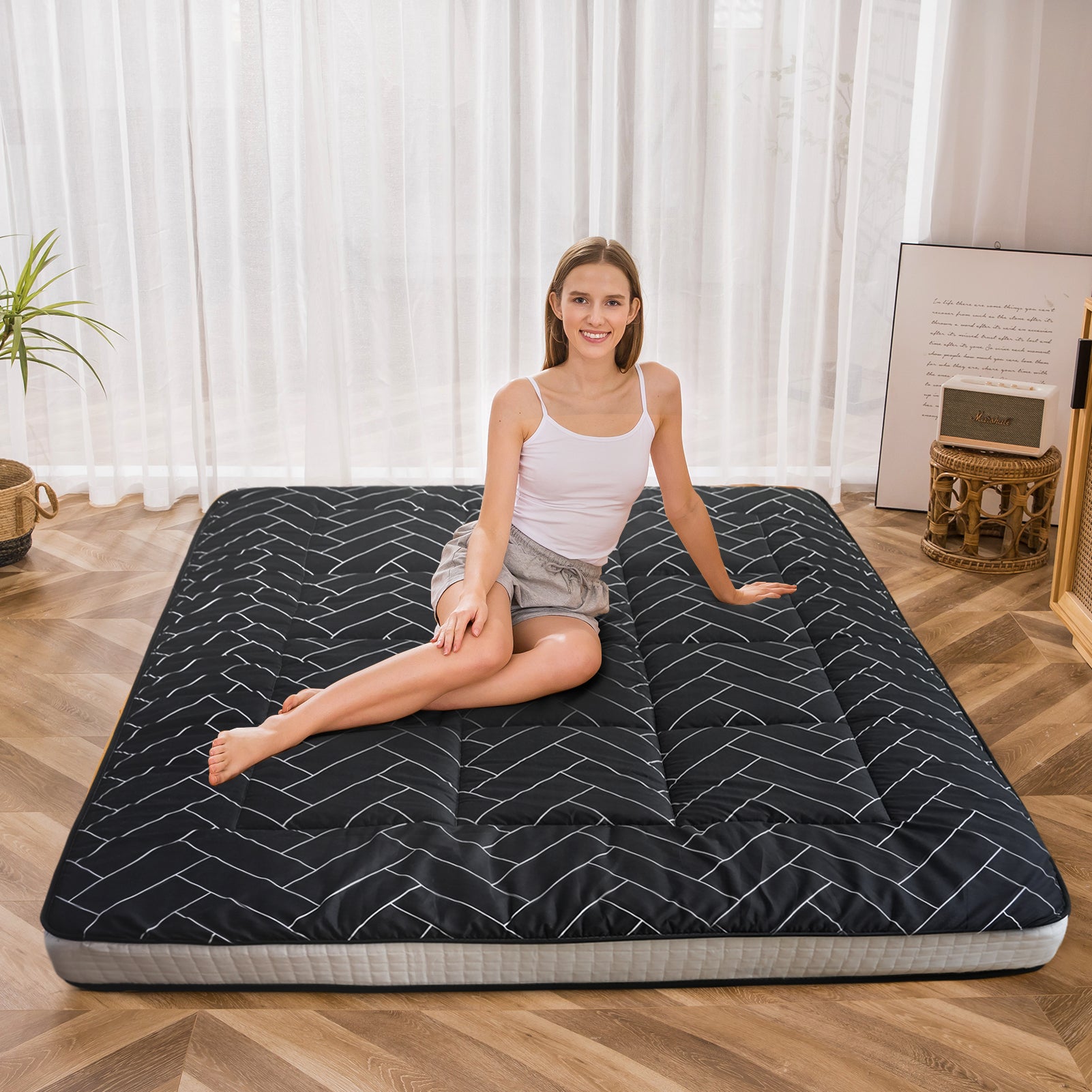 MAXYOYO Japanese Floor Futon Mattress - Black Geometric Pattern, 3-Inch Thick Foldable Sleeping Pad for Guest Bed, Floor Bed, Camping & Travel | Comfortable & Space-Saving