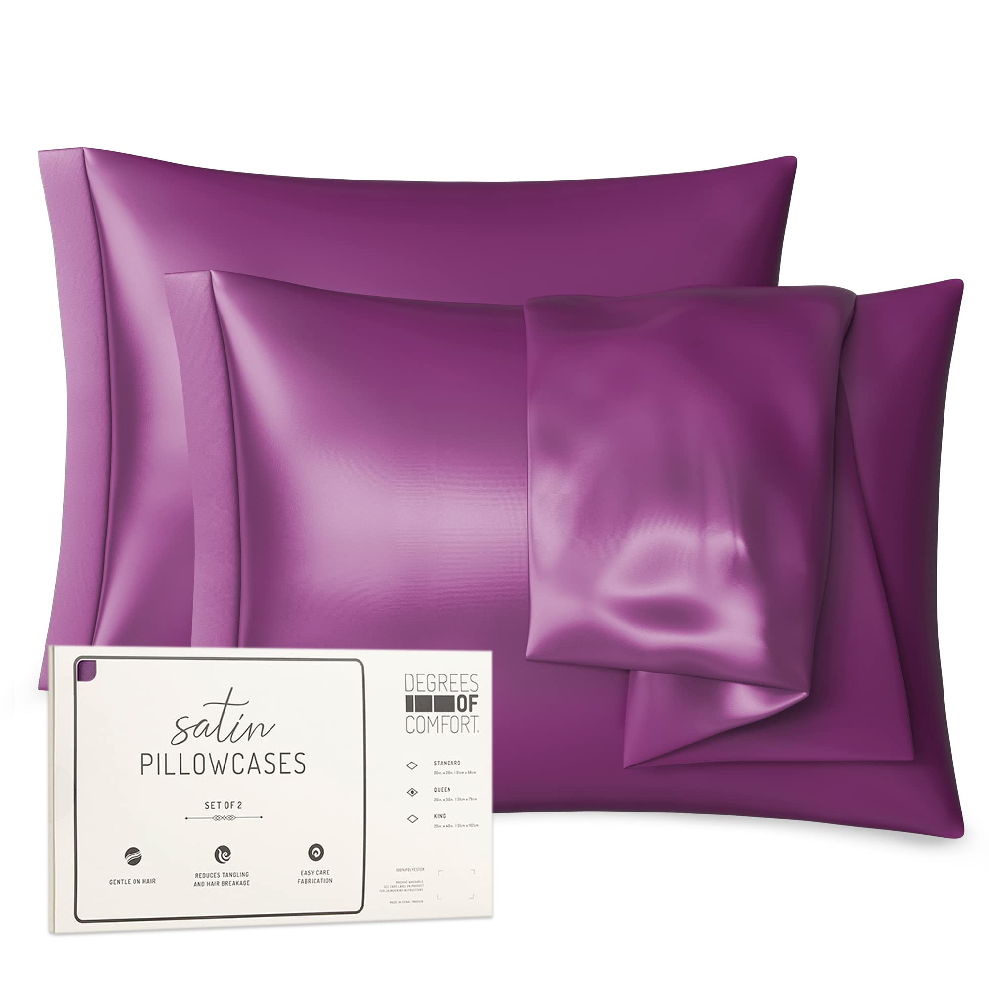 Purple King Satin Pillowcase Set of 2 - 20x40 Inch Silk Pillow Covers for Hair & Skin Care, Soft & Smooth with Envelope Closure - Perfect for Beauty Sleep, Travel & Home Decor