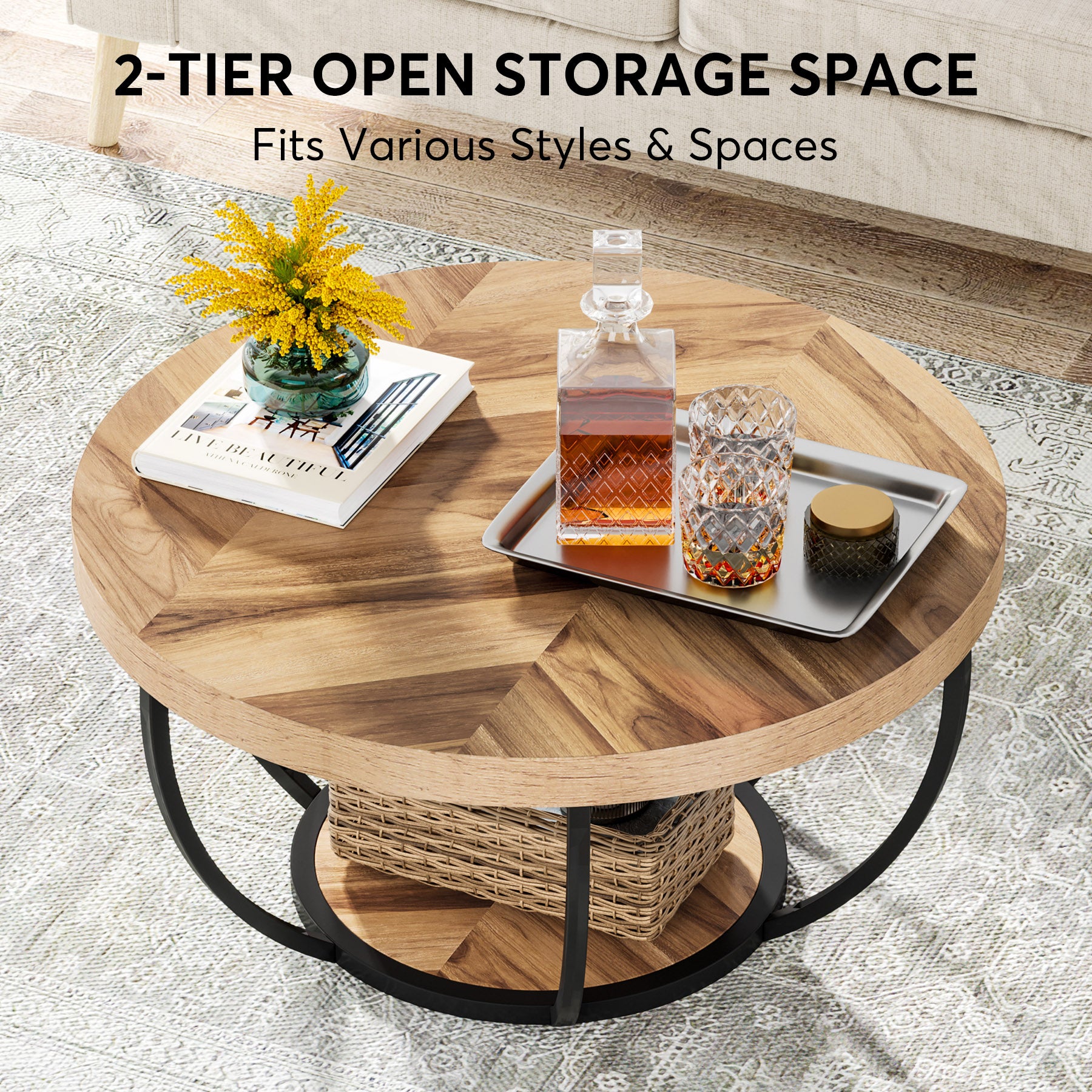 2-Tier Round Wooden Coffee Table with Storage Shelf - Modern Living Room Centerpiece for Home Decor & Entertaining