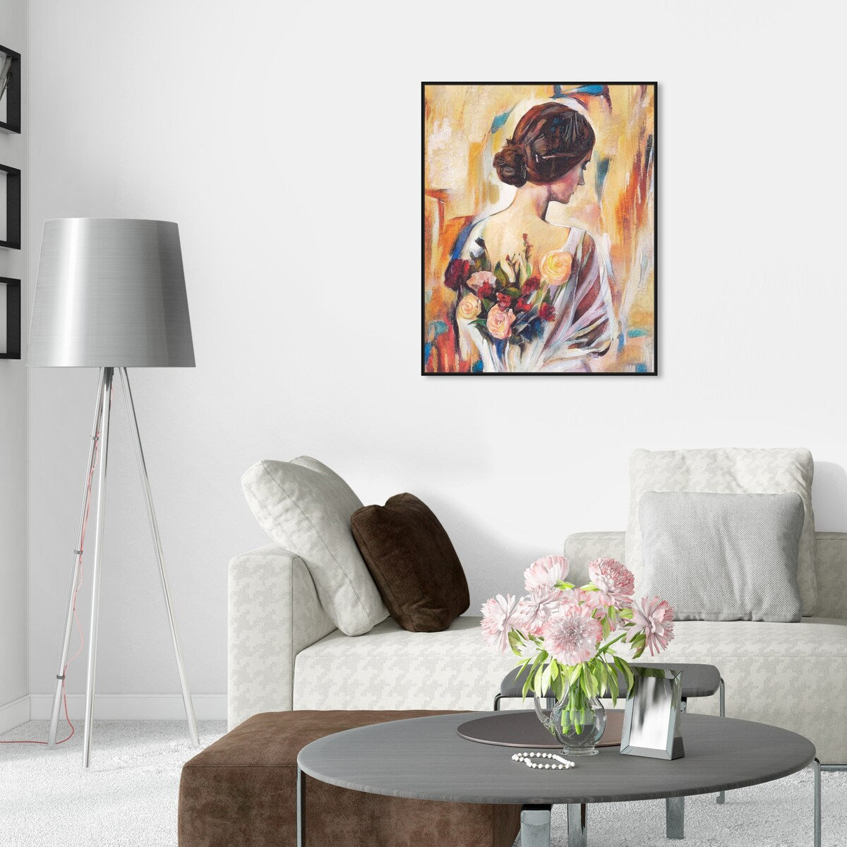 Modern White Framed Canvas Wall Art Print - Floral Back and Flowers Design for Women, Elegant Home Decor for Bedroom, Living Room & Office