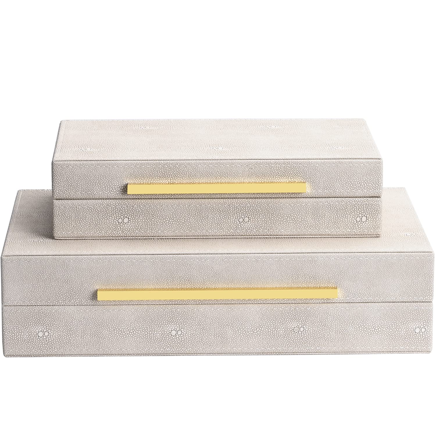 Ivory Shagreen Faux Leather Decorative Storage Box Set of 2 - Large Stackable Jewelry Organizer with Lids for Home Decor, Bedroom & Bathroom Organization