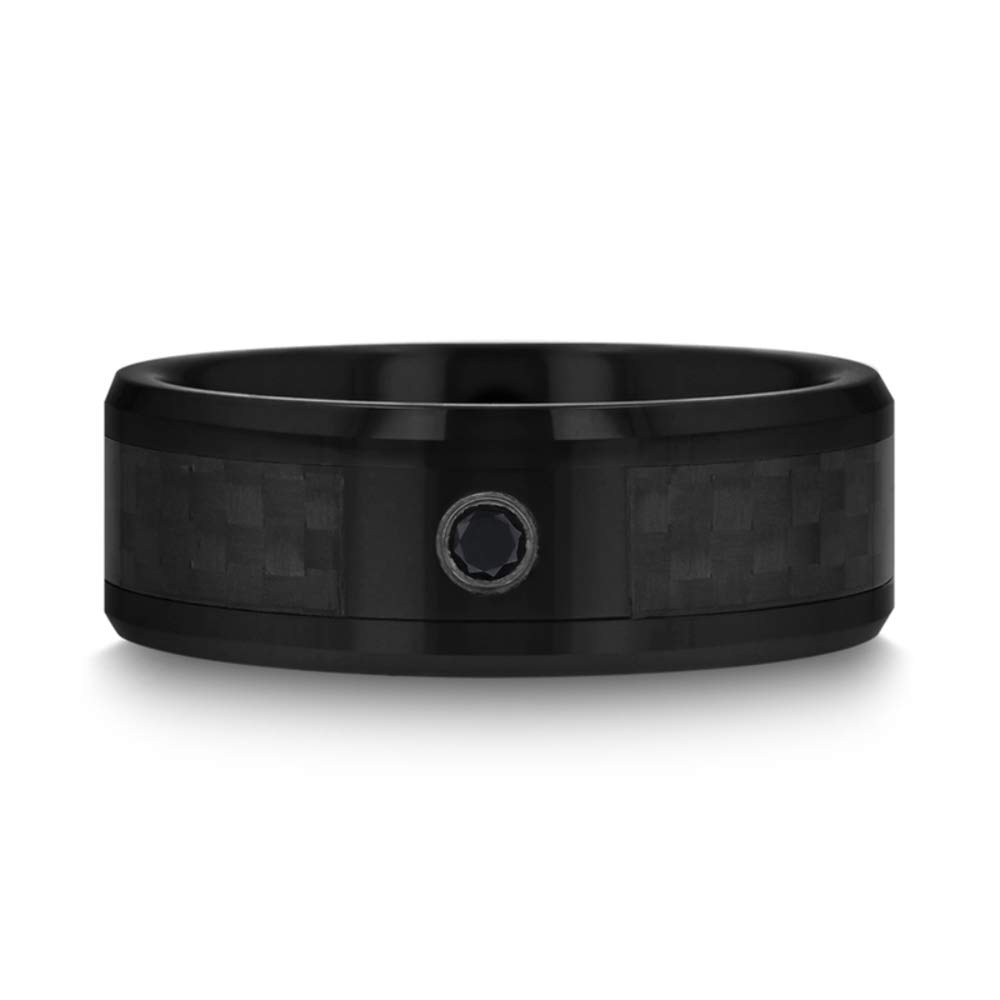 Roy Rose Jewelry Men's Black Ceramic Wedding Band with Black Diamond & Carbon Fiber Inlay - Comfort Fit 8mm Wide Aberdeen Style Ring - Perfect for Engagements, Weddings & Anniversary Gifts