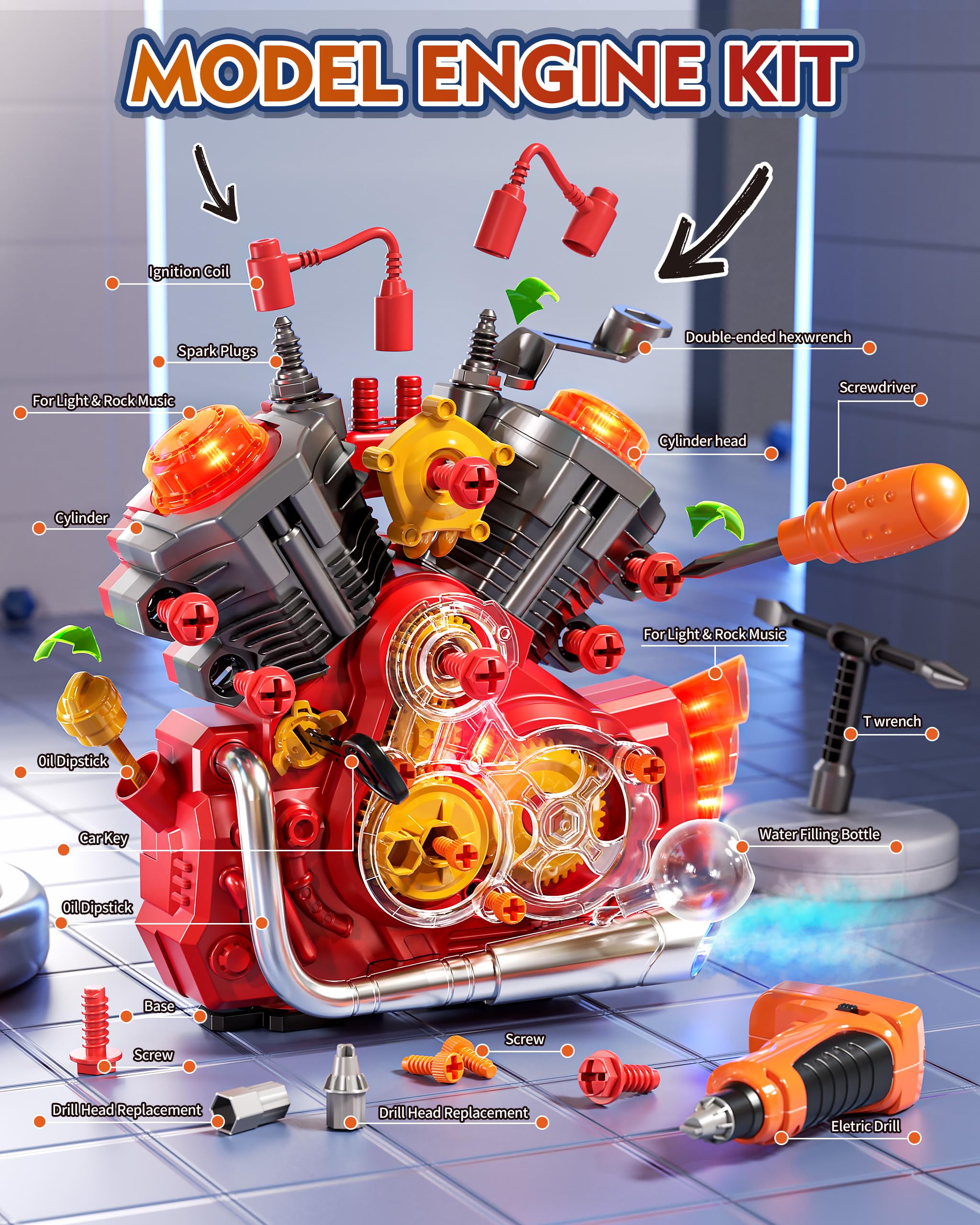 **Motorcycle Engine Building Kit for Kids - STEM Educational Mechanic Toy with Light & Sound, Science Learning Model for Boys & Girls Ages 3+, Realistic DIY Mechanic Tools (Red) - Perfect for Birthday Gifts & STEM Classroom Activities**