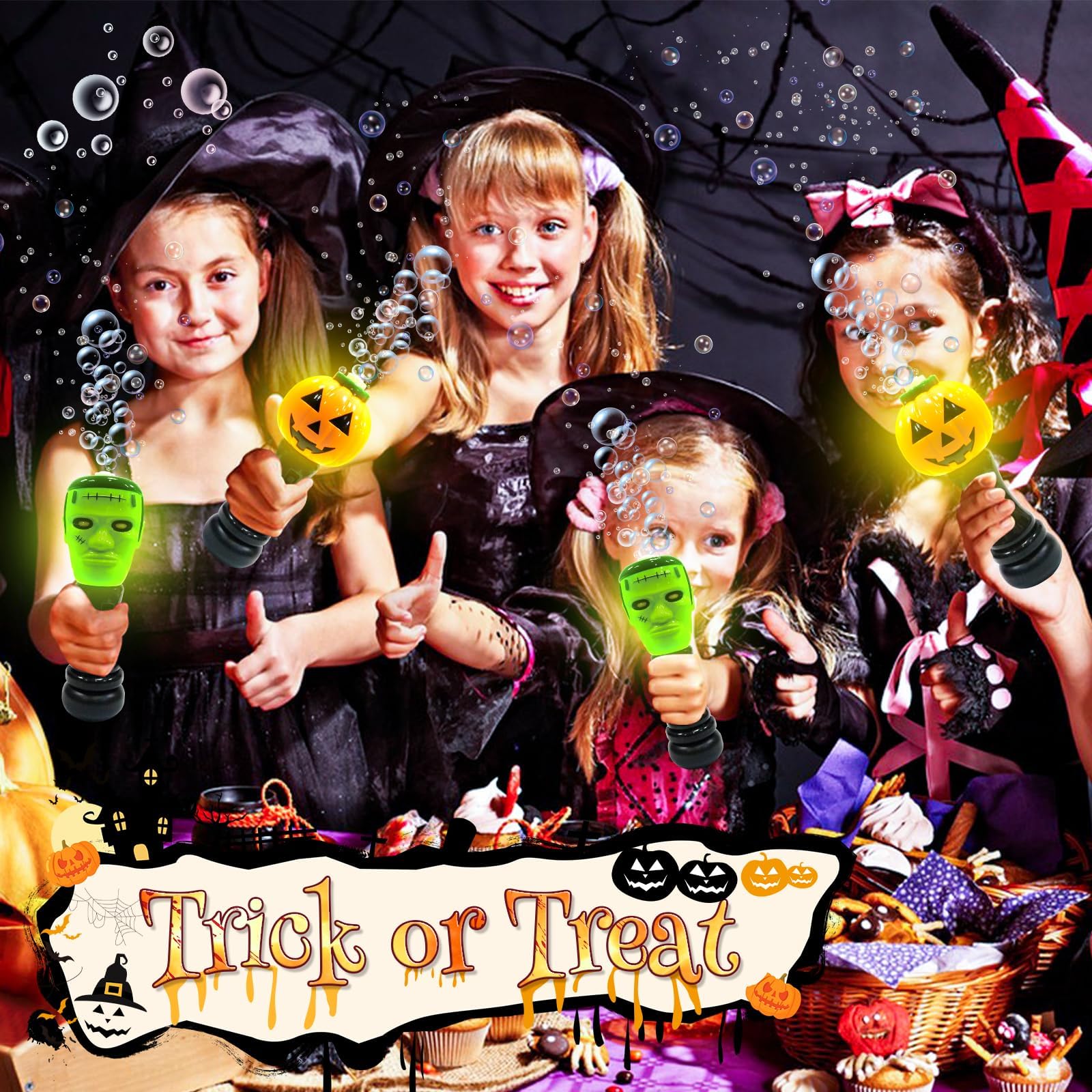 Halloween Bubble Blower Wand - 2 Pack Automatic Light Up Handheld Bubble Machine with Pumpkin & Science Freak Design, Kids Halloween Party Favors & Outdoor Play Toys for Trick-or-Treating, Backyard Parties & Festive Celebrations