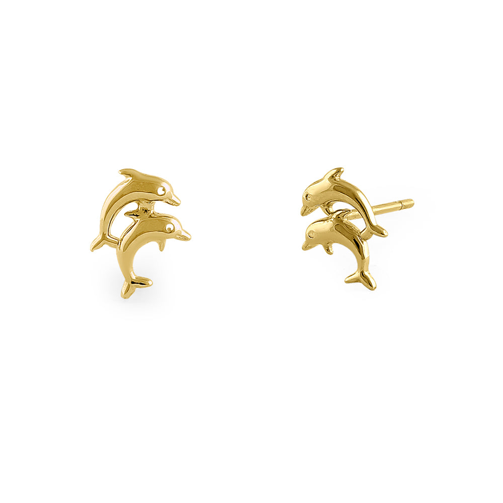 14K Yellow Gold Twin Dolphin Earrings - Dainty Stud Earrings for Women - Perfect for Beach Vacations, Summer Outfits & Gift Giving