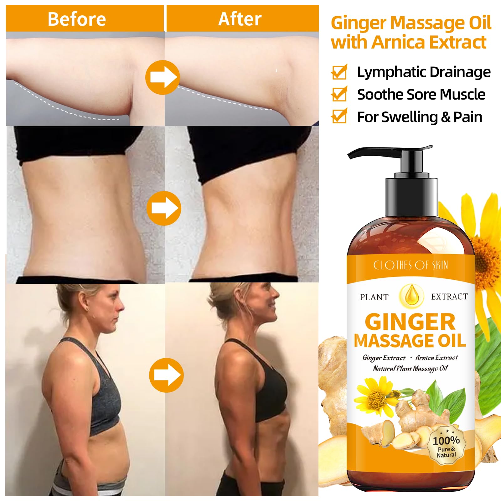 Ginger Massage Oil for Therapy & Lymphatic Drainage - Natural Warming Body Oil with Arnica for Gua Sha, Sore Muscle Relief & Relaxation | Perfect for Post-Workout Recovery, Spa Treatments & Holistic Pain Management