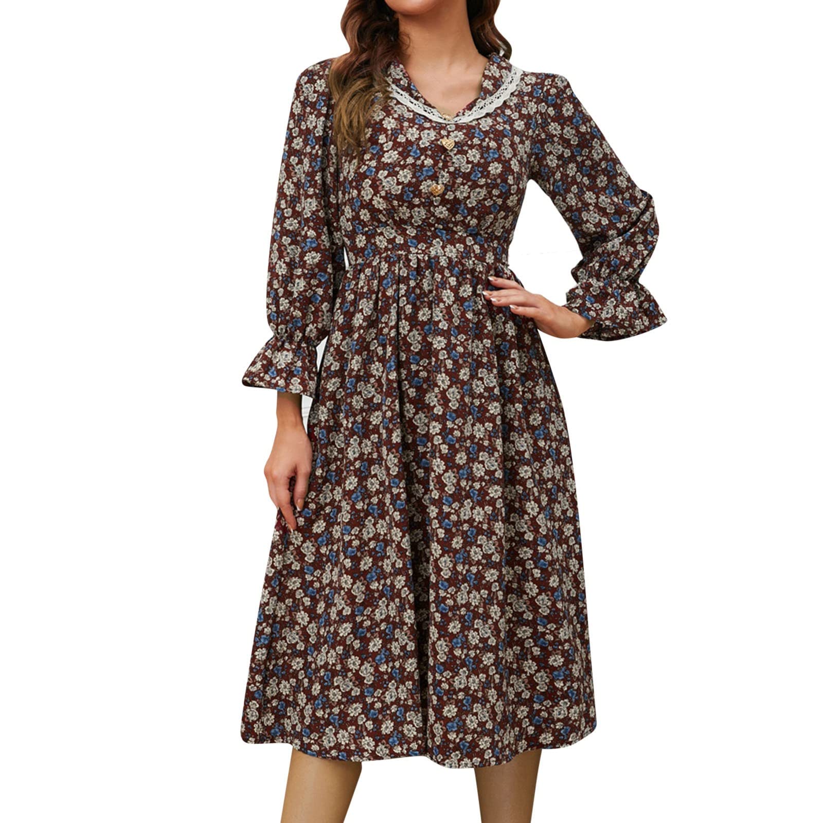 Vintage Floral Lace Long Sleeve Dress for Women - Autumn Winter Retro Elegant Dress with Lapel Collar | Perfect for Holiday Parties, Christmas Gatherings & Office Wear