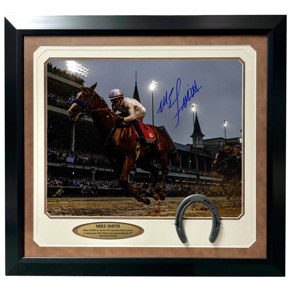 Mike Smith Autographed Justify 16x20 Framed Photo with Steiner COA - 2018 Kentucky Derby Winner - Perfect for Sports Memorabilia Collections & Horse Racing Fan Gifts