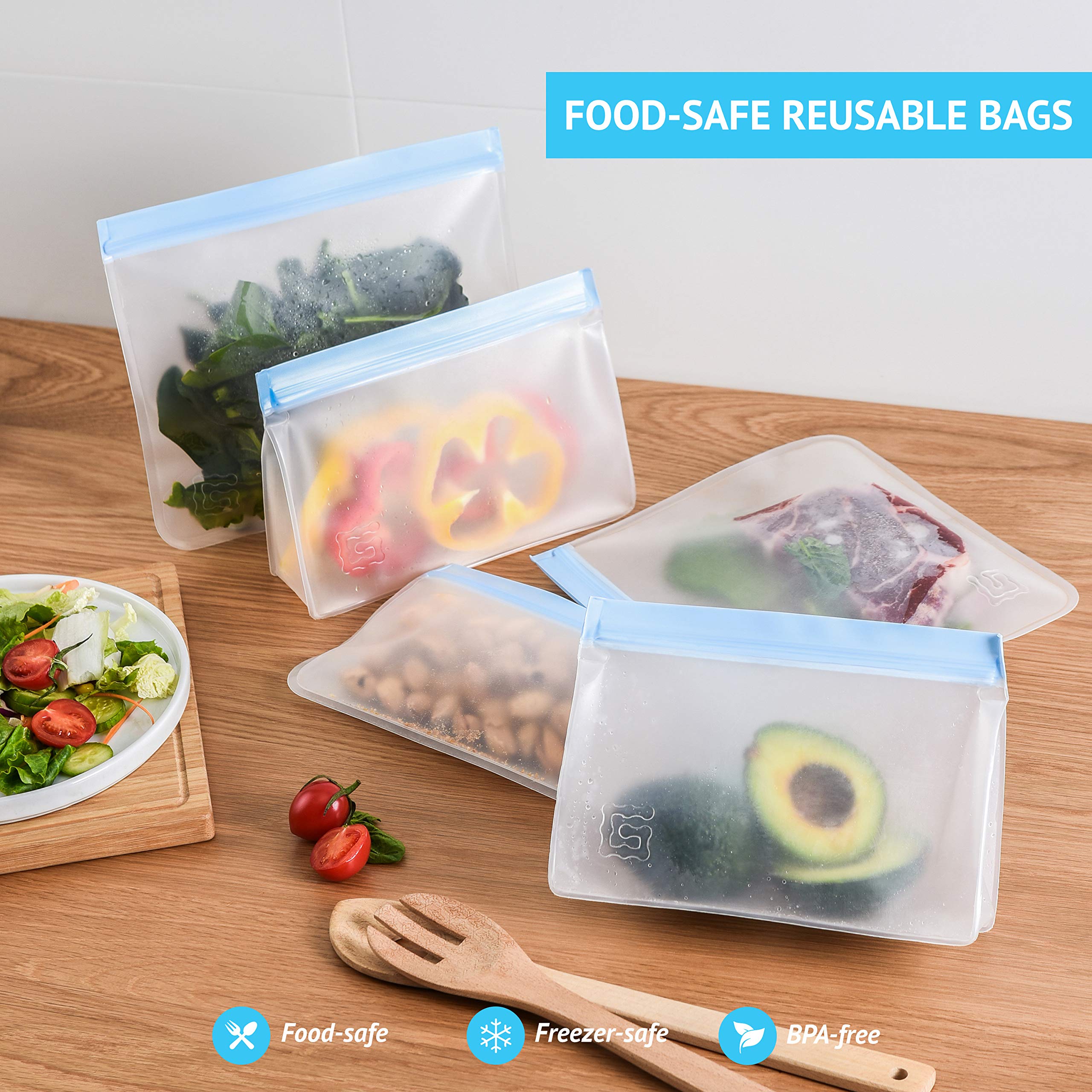 Premium Reusable Storage Bags Set of 10 - Leakproof Freezer Safe for Lunch & Snacks