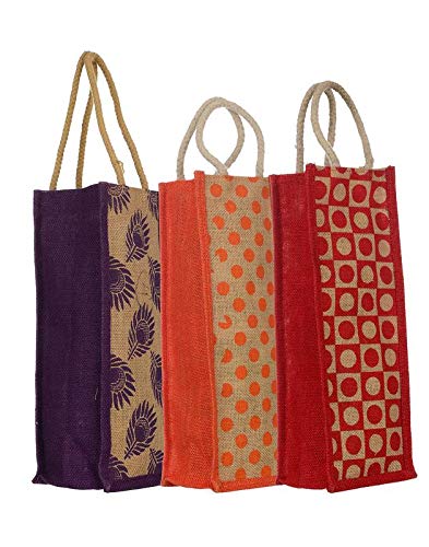 Premium Jute Lunch Bags for Men - Eco-Friendly Zip Closure Tote & Water Bottle Bags - Medium Size Printed Jute Carry Bag (Pack of 3) - Perfect for Work, Picnics & Sustainable Shopping