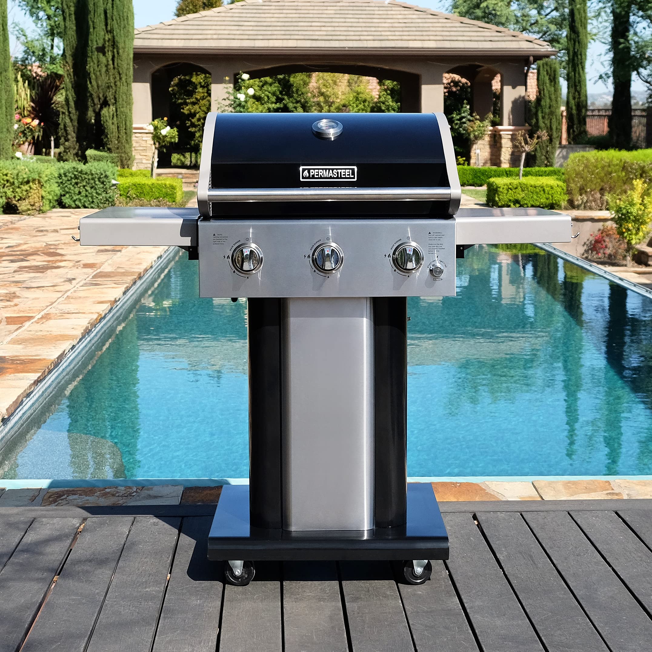 Permasteel 3-Burner Propane Gas Grill - 30,000 BTU Outdoor BBQ Grill with Cast Iron Grates, Foldable Side Shelves & Tool Hooks - Perfect for Backyard, Patio, and Camping Cooking - Black