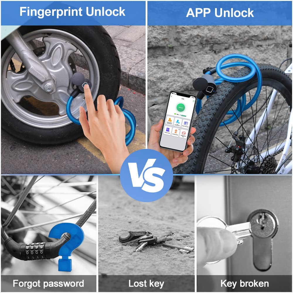 eLinkSmart Keyless Combination Bike Lock - 150cm Waterproof Steel Cable Lock for Bicycles, Scooters, Motorcycles | Fingerprint Unlock via Phone App (iOS/Android) | Perfect for Outdoor Cycling, Commuting & Home Security