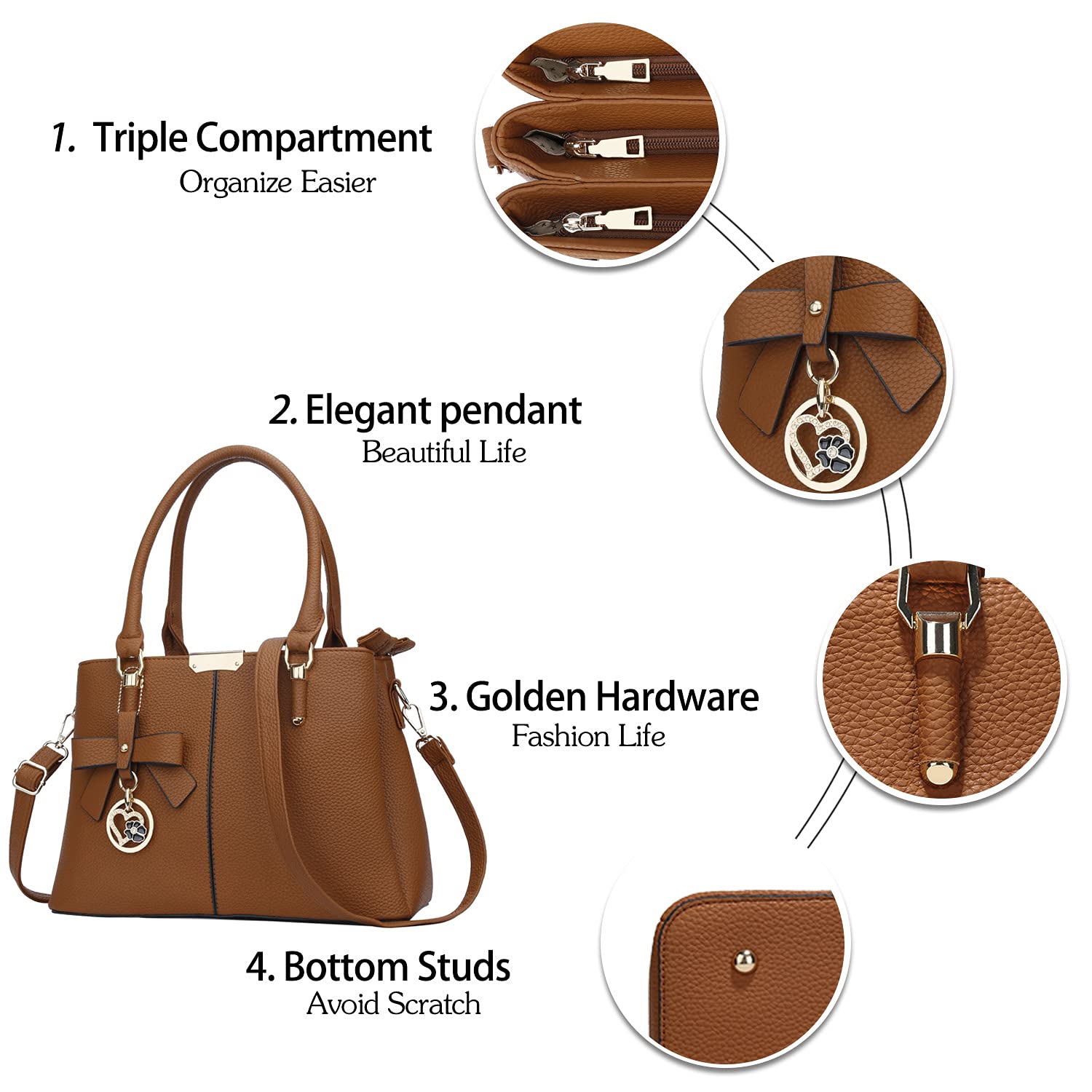 KKXIU Women's Leather Satchel Handbag with 3 Zippered Compartments - Top Handle Shoulder Bag for Work, Travel & Daily Use