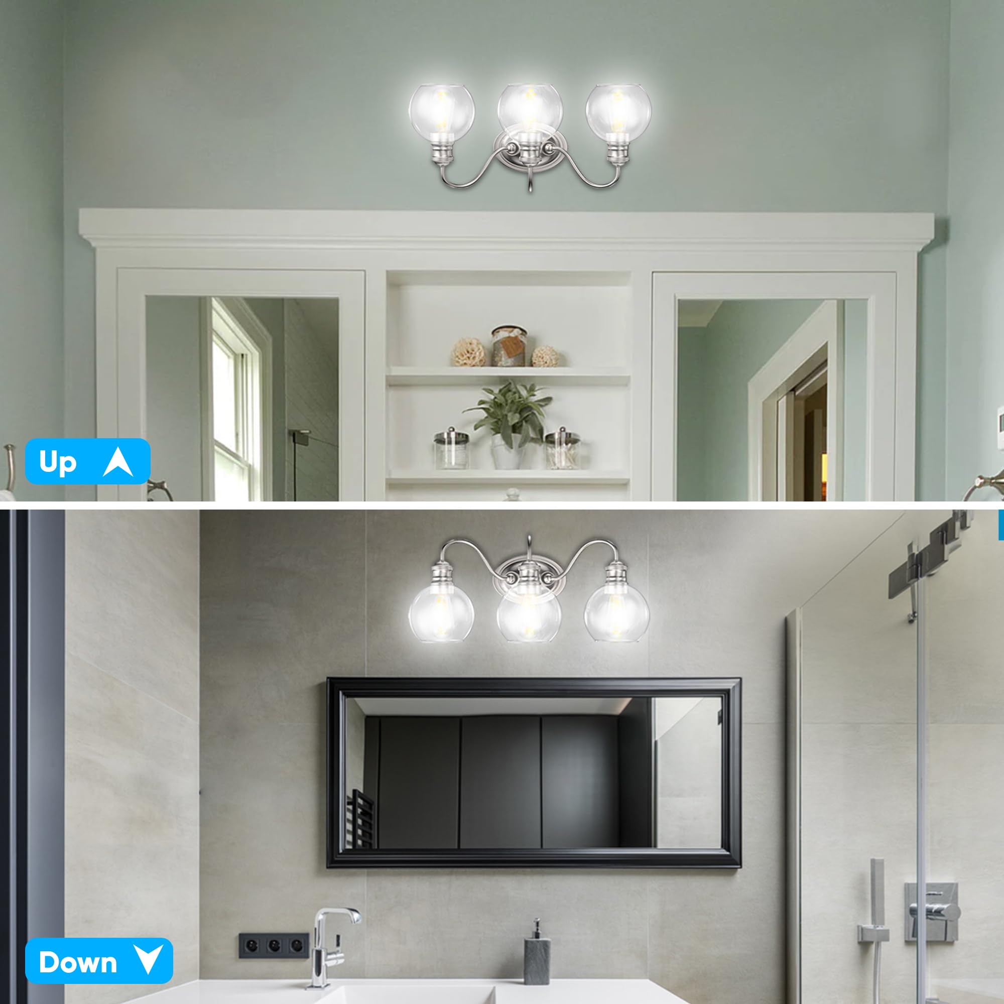 Modern LED Bathroom Vanity Light - 3-Light Brushed Nickel Wall Sconce for Bedroom & Hallway - Clear Glass Shade, E26 Base (Bulb Not Included) - Perfect for Mirror Lighting & Indoor Decor
