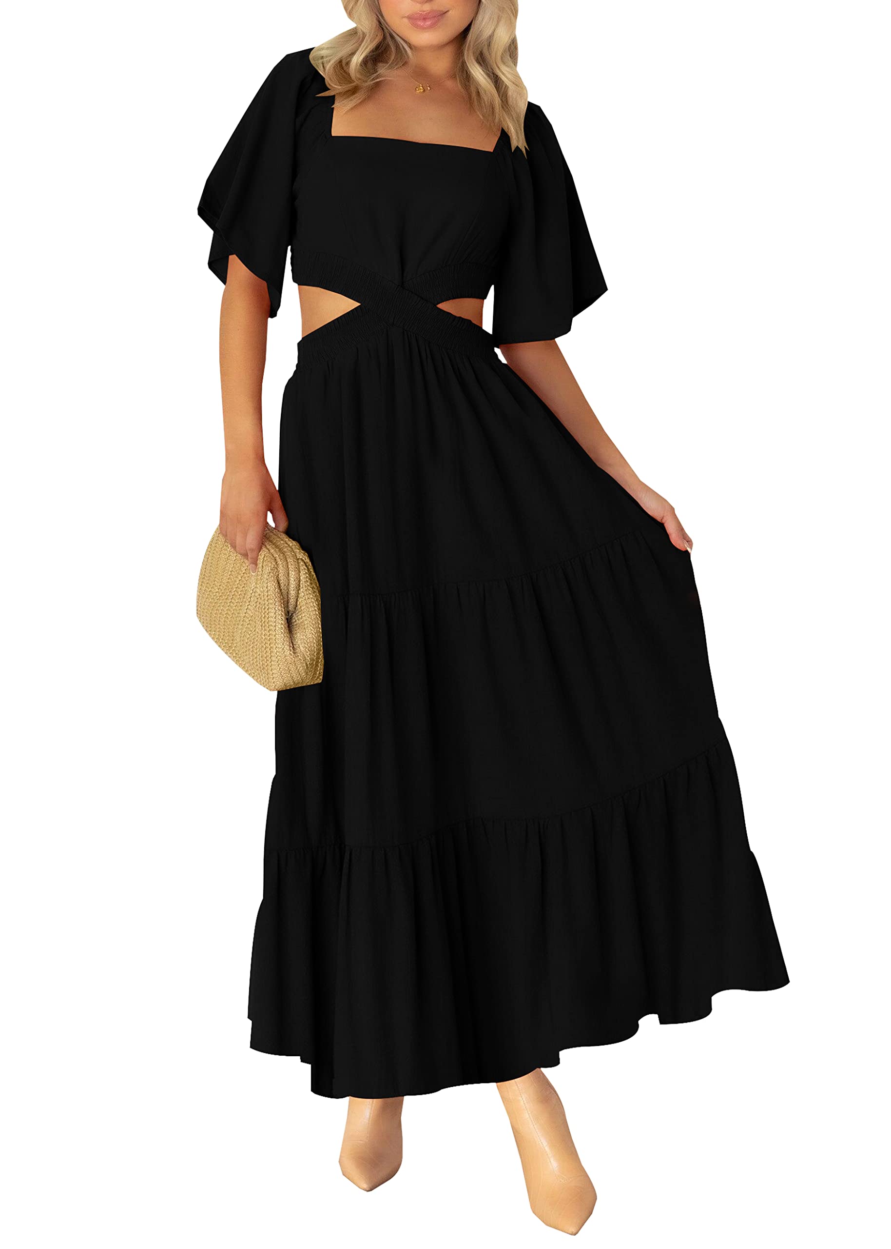 LEANI Women's 2025 Summer Cutout Maxi Dress - Square Neck Short Sleeve Crossover Waist Casual Party Dress for Beach Vacation, Wedding Guest & Date Night Outfits
