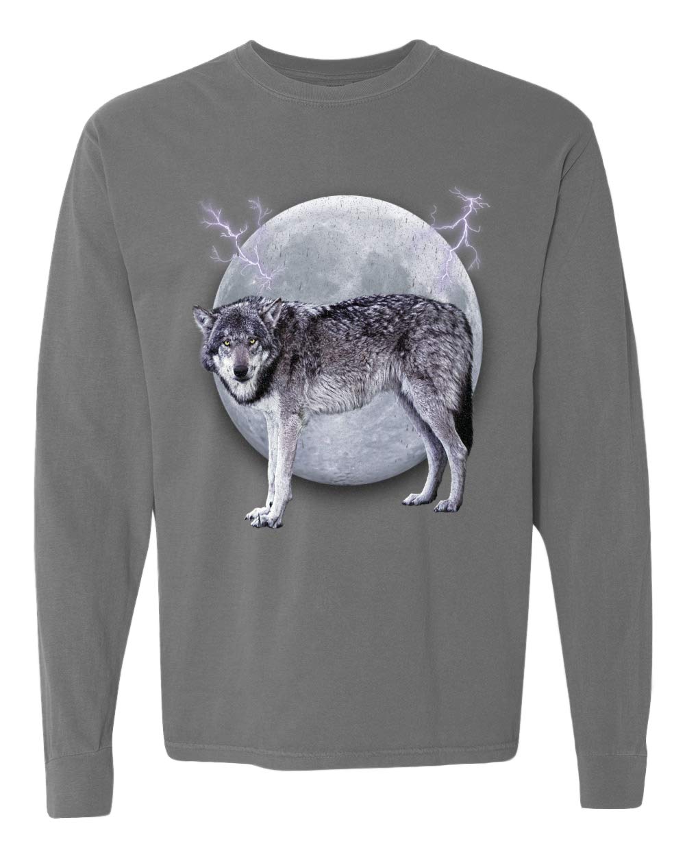 Full Moon Dire Snow Wolf Graphic Long Sleeve T-Shirt for Animal Lovers - Garment-Dyed Washed Vintage Look - Perfect for Outdoor Adventures, Casual Wear & Wolf Enthusiast Gifts