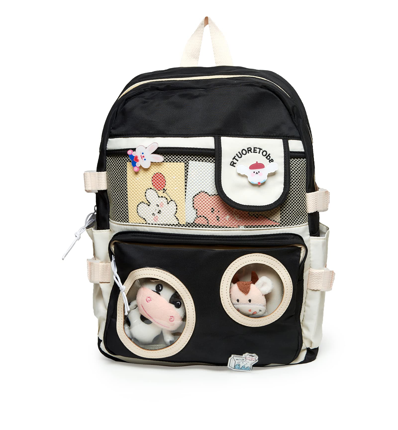 RTUORETO Cute Kawaii Backpack for Teens - Aesthetic Laptop Backpack with Adorable Pins & Accessories, Lightweight School Bag for Girls, Travel Daypack (Black) - Perfect for School, College, Travel & Daily Use
