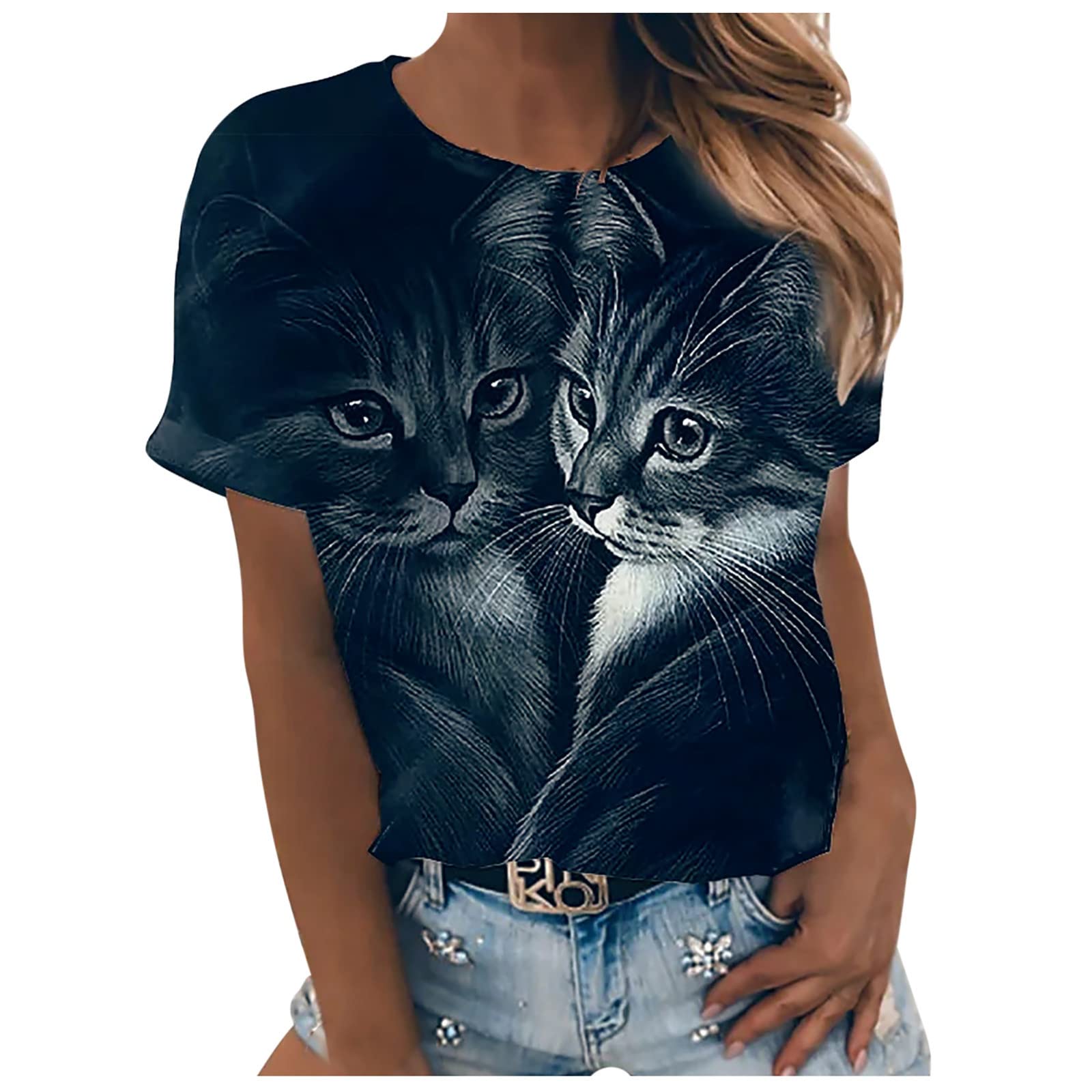 Women's Summer Tops - Cute Cat Print Short Sleeve Casual Crewneck Pullover Blouse | Trendy Fashion Tee for Outfits, Beach Wear & Daily Comfort