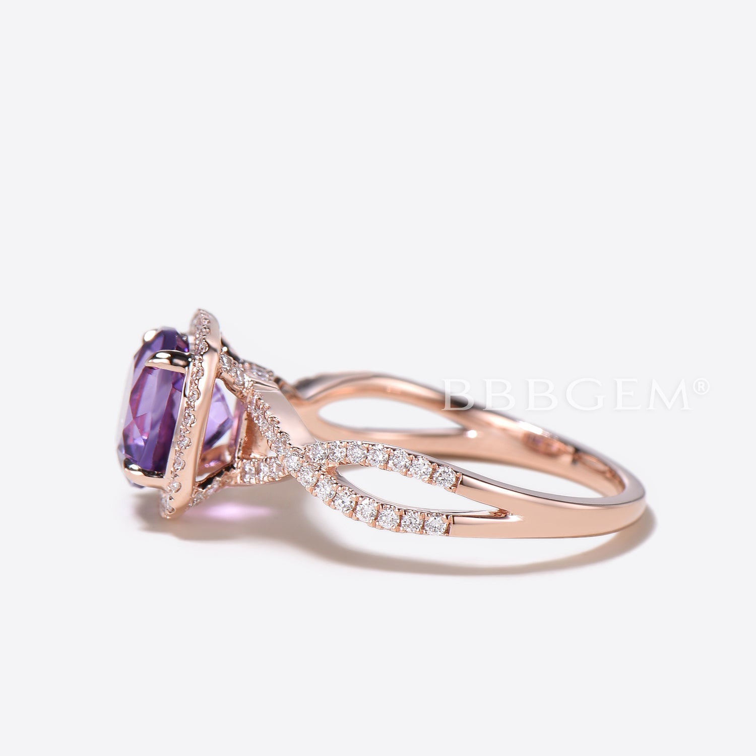 Twisted Round Cut Natural Amethyst Engagement Ring with Diamond Halo - Split Shank Wedding Band for Women | Perfect for Proposals, Anniversaries & Special Occasions