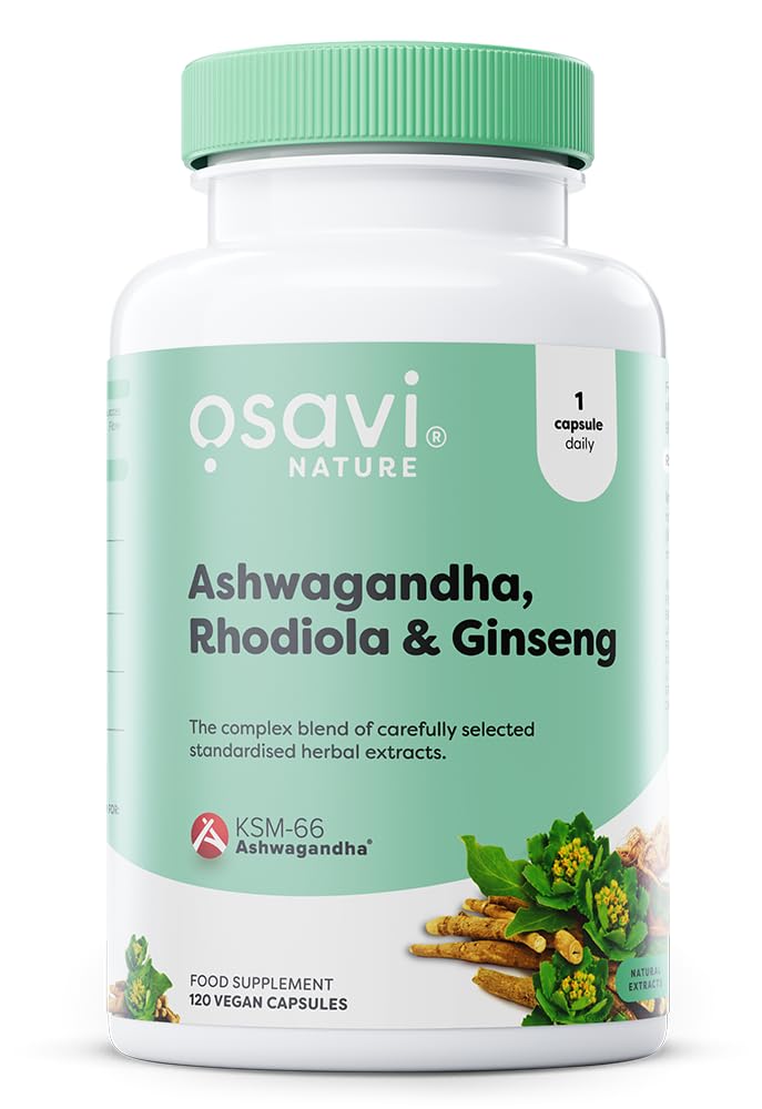 Organic Ashwagandha + Rhodiola & Ginseng Supplement - 120 Vegan Capsules for Stress Relief, Energy Boost & Immune Support - Natural Adaptogens for Workout Recovery & Daily Wellness