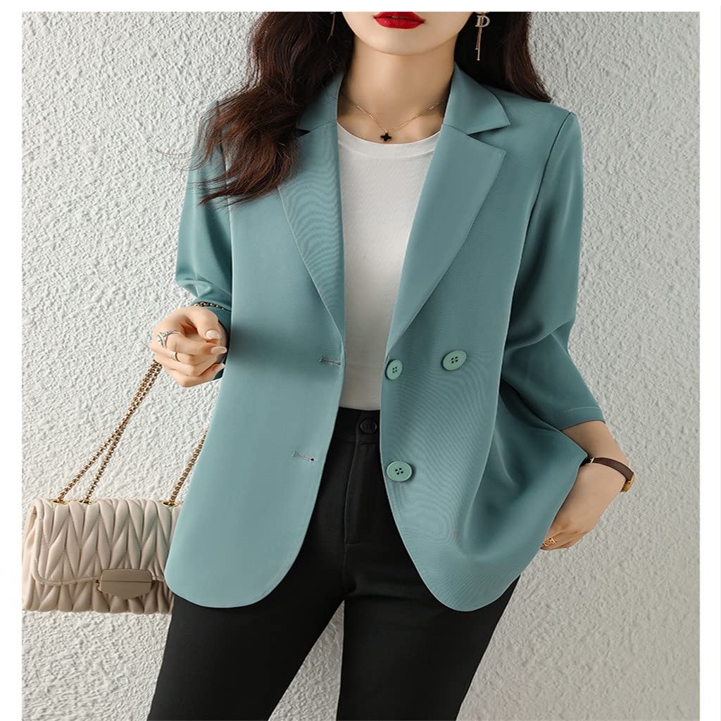 WDBBY Women's Chiffon Blazer - Lightweight Spring Jacket with 7-Minute Sleeves for Casual Wear (Blue, Size L) | Perfect for Office, Dating & Spring Outfits