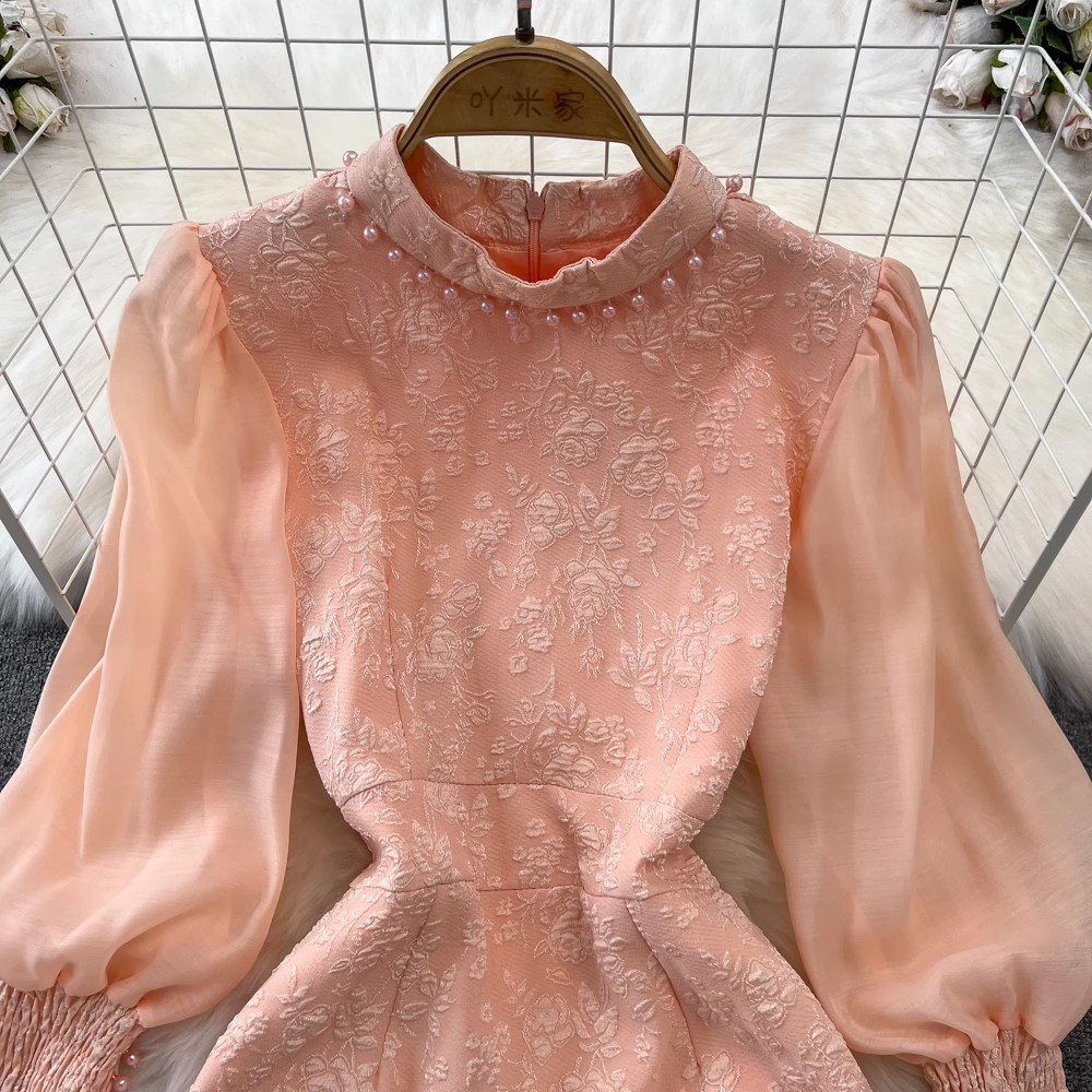 French Style Sweet Puff Sleeve Dress for Women - Elegant Autumn Floral Midi Dress with Ruffle Hem | Perfect for Fall Weddings, Date Nights and Office Wear