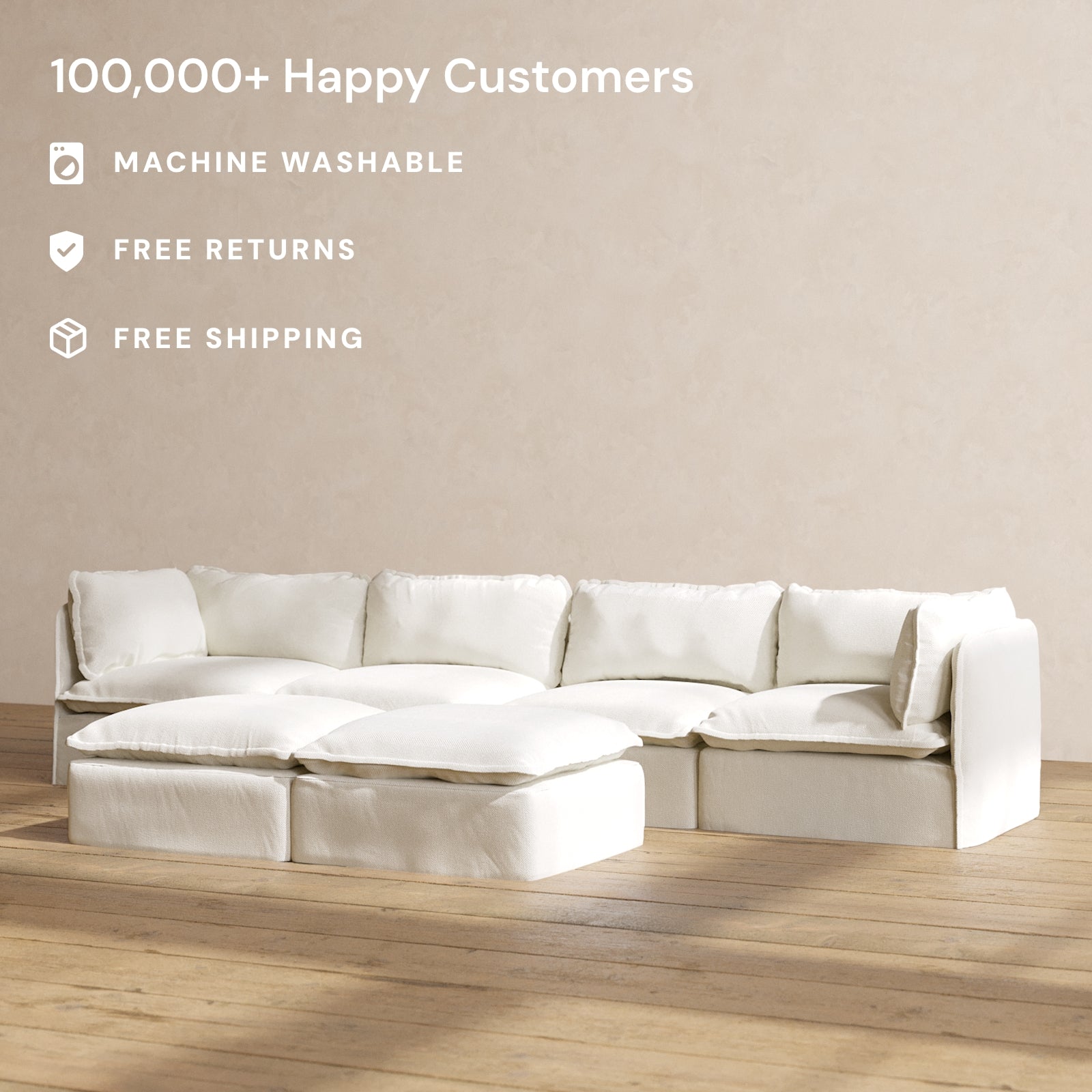 Modular Performance 4-Seater Sofa with Bench Ottoman in Eggshell White | Relaxed Blend Fabric | Perfect for Living Room, Family Room & Lounge Areas