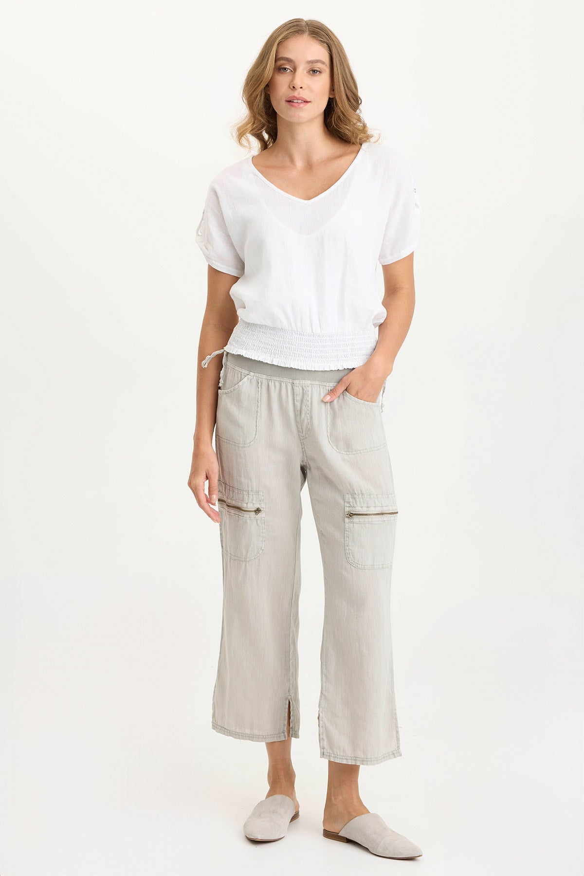 Oko Women's Linen Jersey Blend Cinched Hem T-Shirt - Casual Summer Tops for Beach, Travel & Everyday Wear