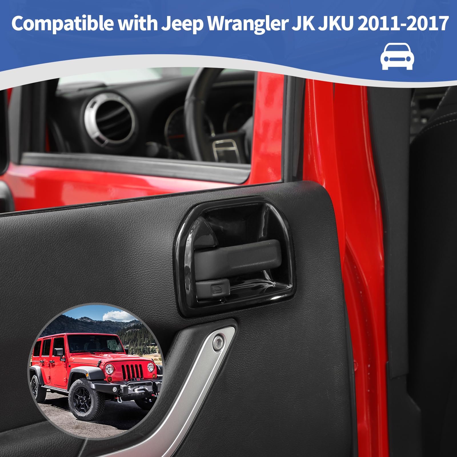 Jeep Wrangler JK JKU Inner Door Handle Cover Bowl Trim - Black Interior Accessories (4pcs) | Compatible with 2011-2017 Jeep Wrangler JK & JKU 4-Door Models | Perfect for Interior Protection & Style Upgrade