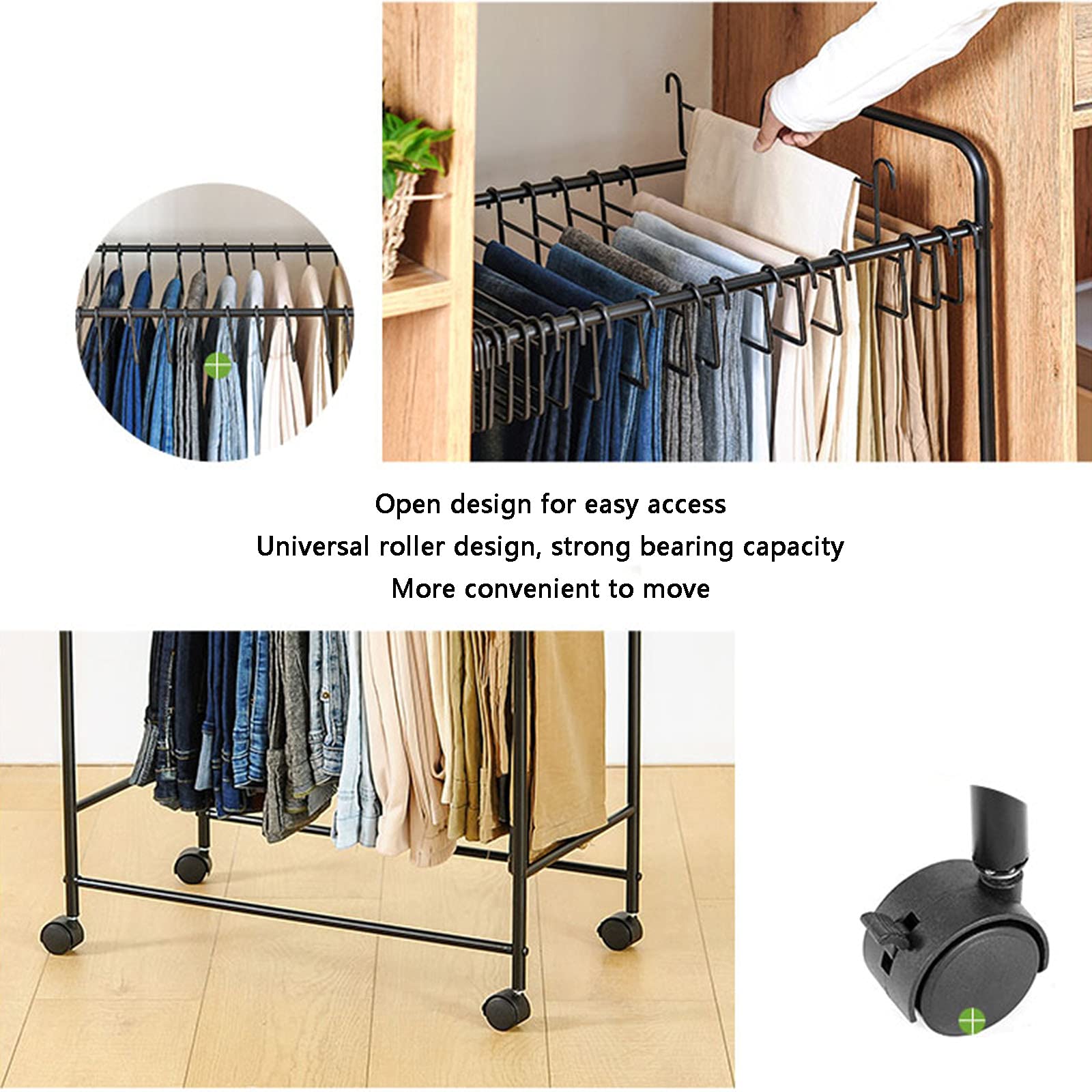 Portable Rolling Clothes Rack with Wheels - Adjustable Metal Garment Organizer for Pants, Jeans, Skirts & Scarves | Space-Saving Mobile Wardrobe Solution for Bedroom, Closet & Laundry Room Organization