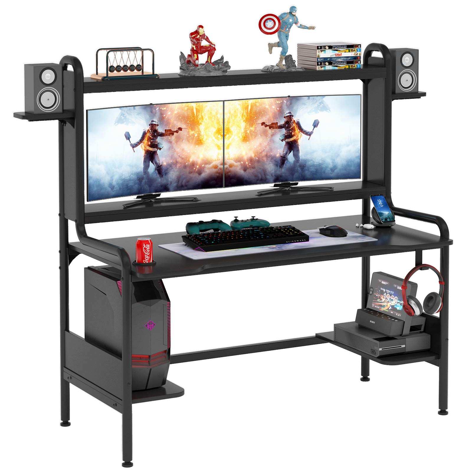 TIYASE 55 Inch Black Gaming Desk with Monitor Stand - Large PC Gamer Workstation with Hutch, Storage Shelves, Cup Holder & Headphone Hook - Perfect for Esports, Streaming & Home Office Setup