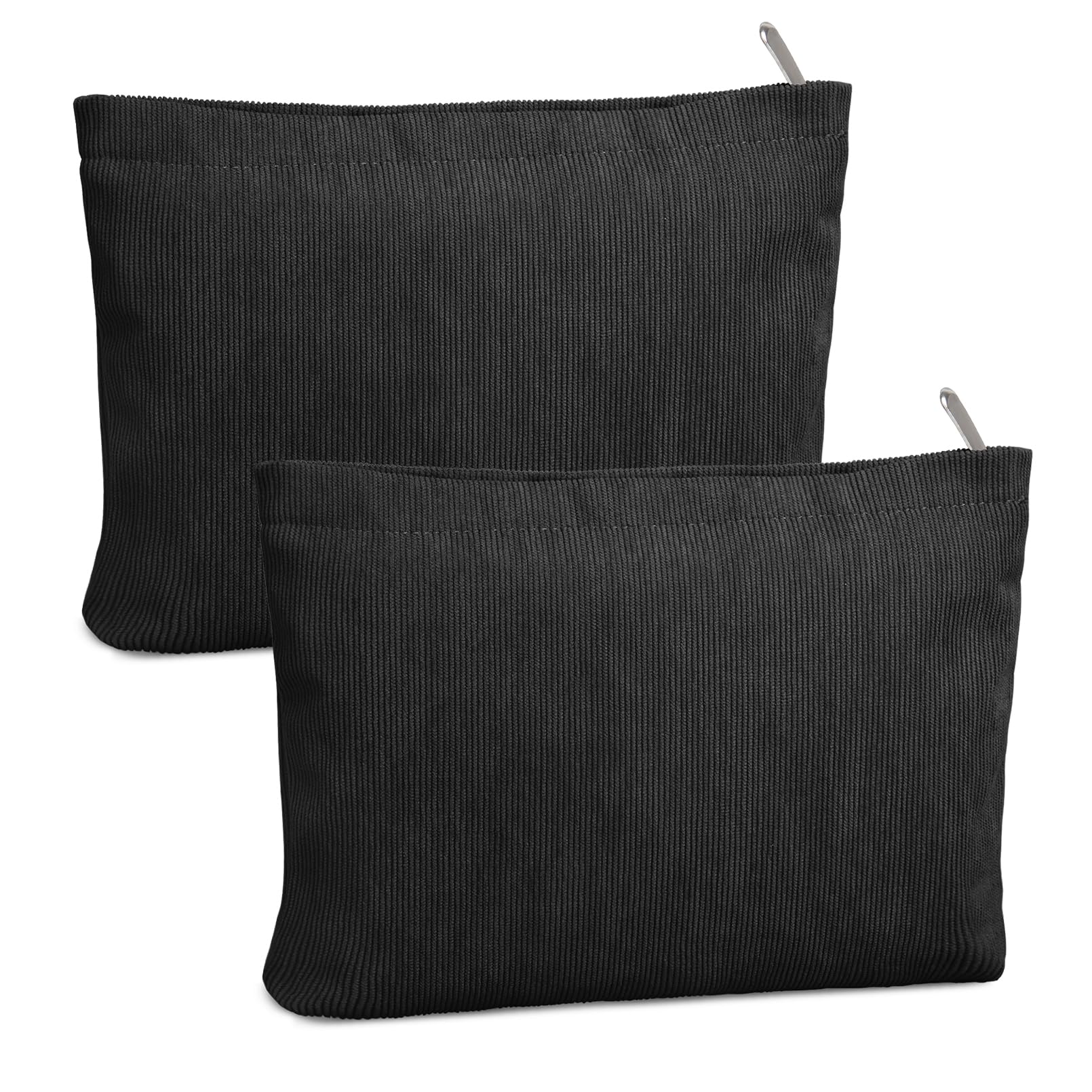 FITDON 2-Piece Corduroy Makeup Bag Set for Women - Small Zippered Cosmetic Pouch & Travel Toiletry Organizer (Black) - Perfect for Purse, Gym, Travel & Daily Essentials Storage