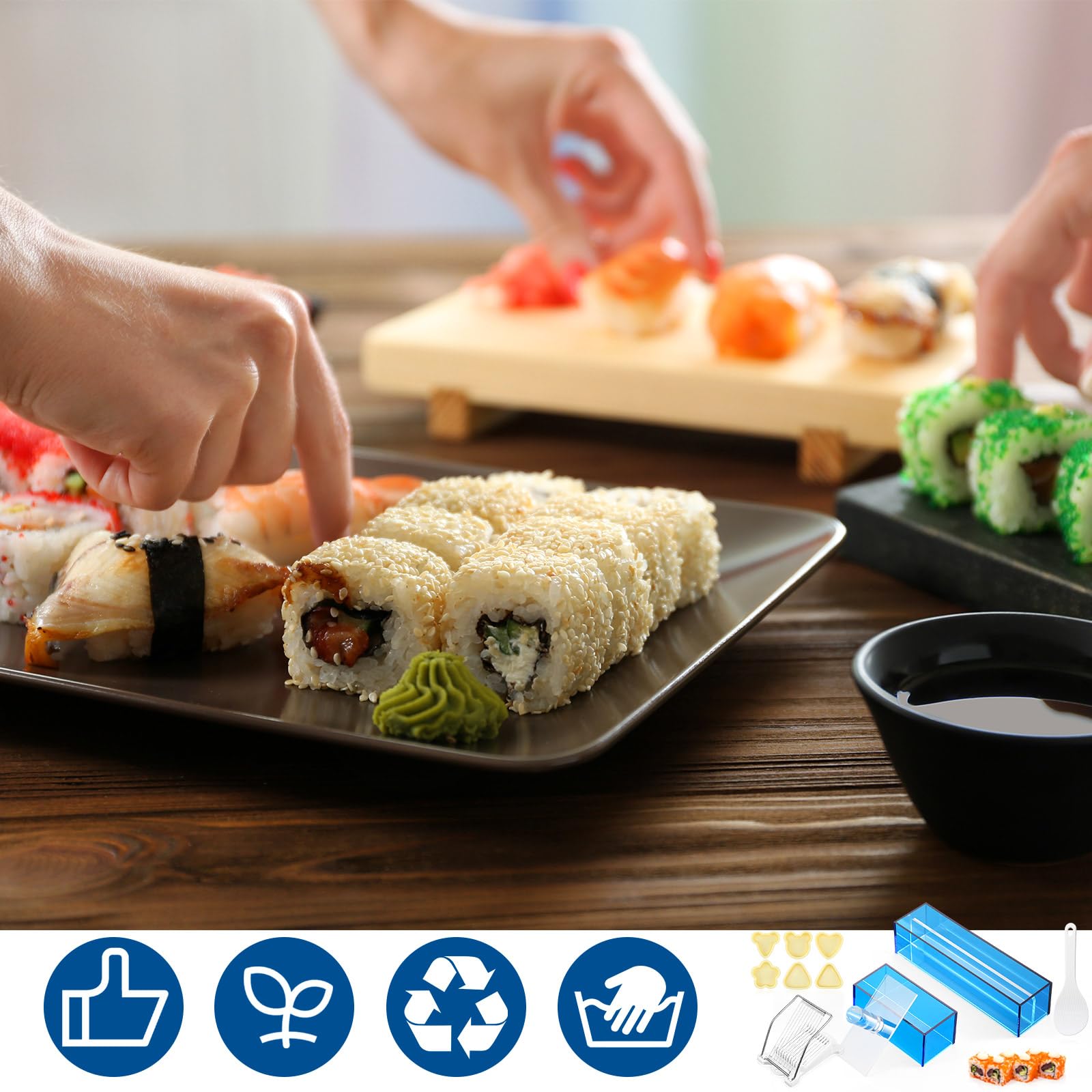 Baderke 10-Piece Musubi Maker Kit - 2 Blue Acrylic Sushi Press Molds, 1 Luncheon Meat Slicer, Stainless Steel Wires, 6 Rice Ball Molds, 1 Spoon - Complete DIY Sushi Making Kit for Home, Bento Box, Picnic & Party Food Prep