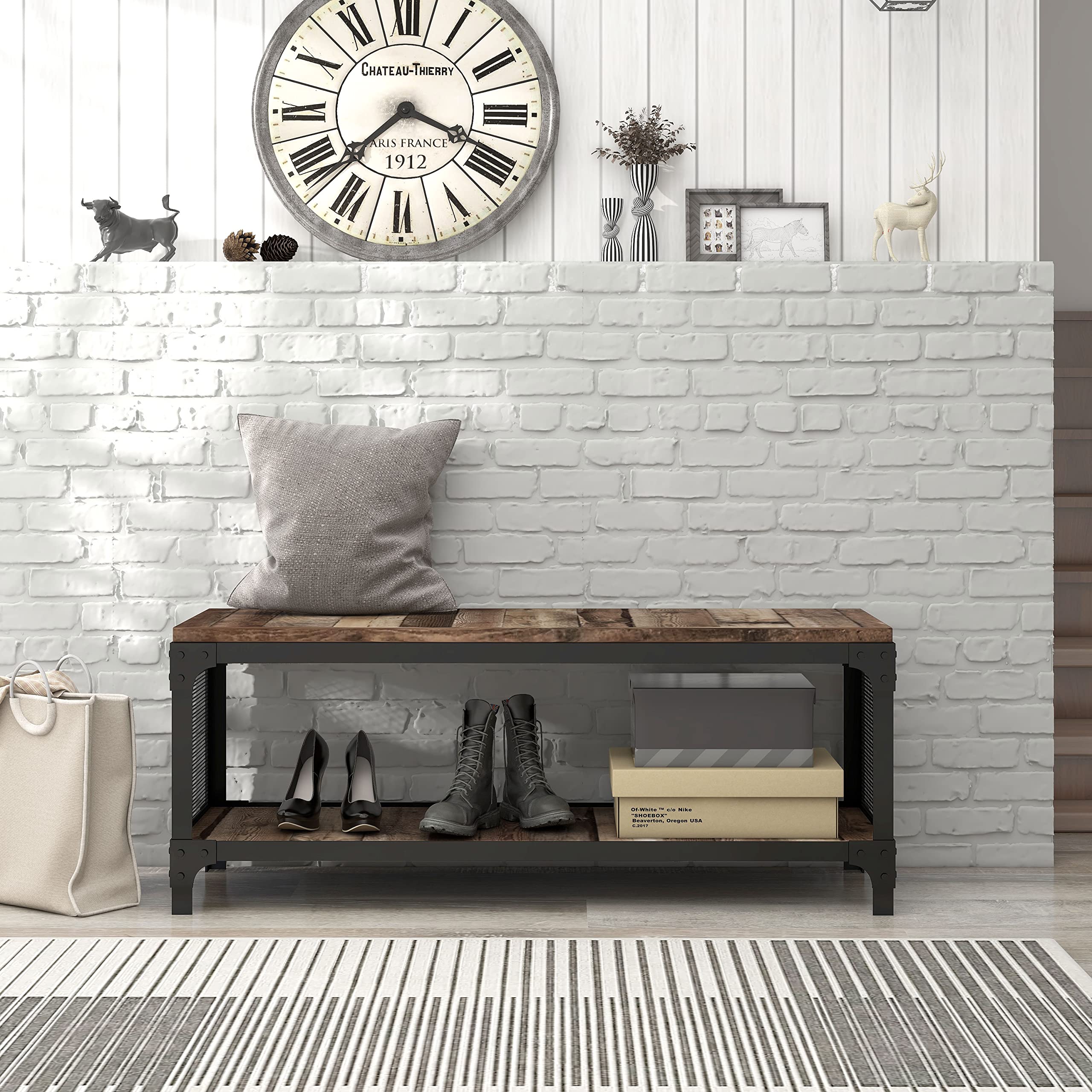 PayLessHere Entryway Storage Bench with Metal Frame & Wood Seat - Shoe Bench, TV Stand for Hallway & Living Room, Brown - Perfect for Small Space Organization & Entryway Decor