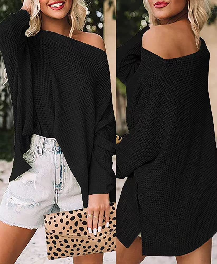 Lightweight Hollow Out Batwing Sleeve Waffle Knit Pullover - Women's Off Shoulder Sweater Long Sleeve Shirt | Casual Fall Layering & Boho Chic Outfits